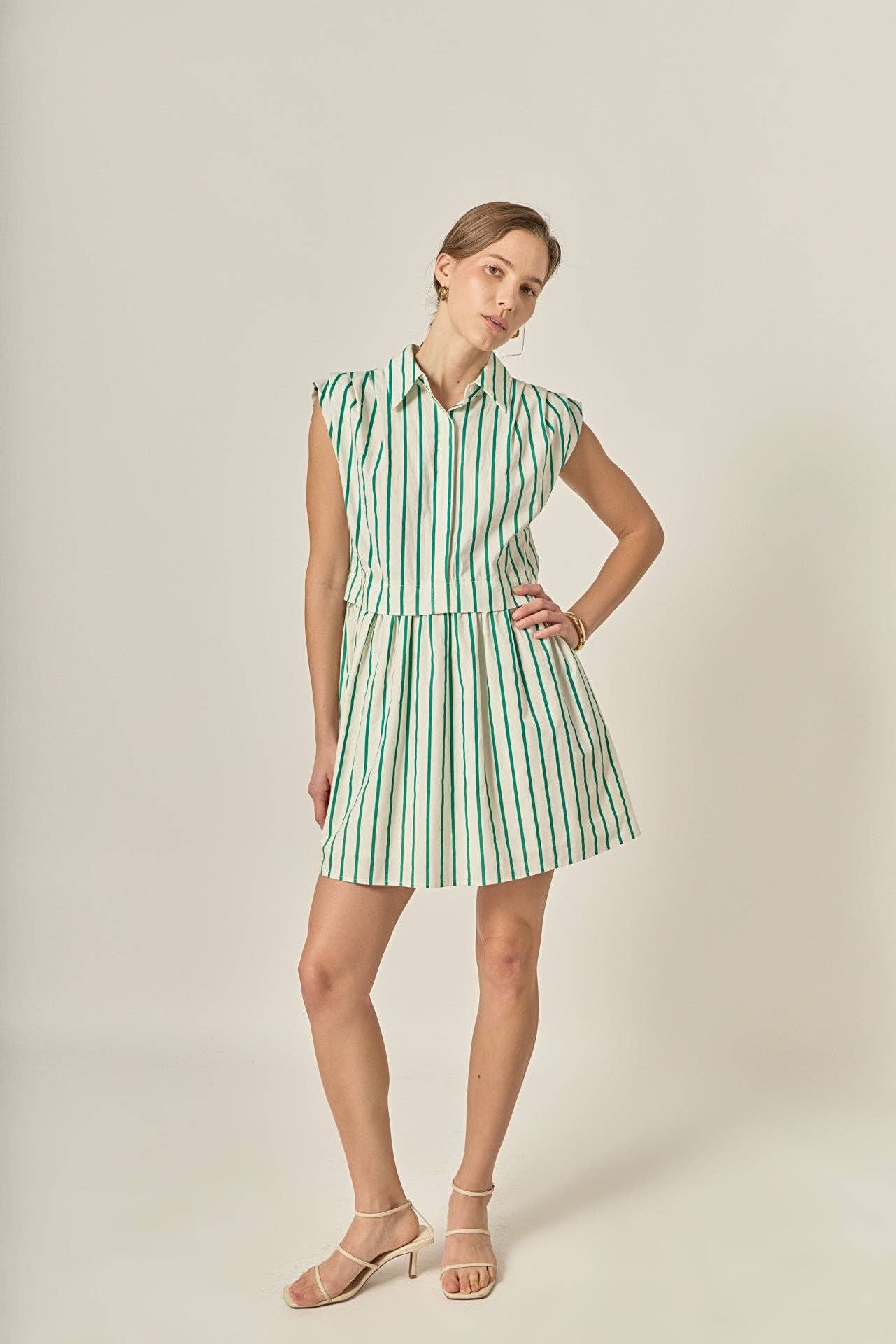Striped Pleated Shoulder Shirt Mini Dress