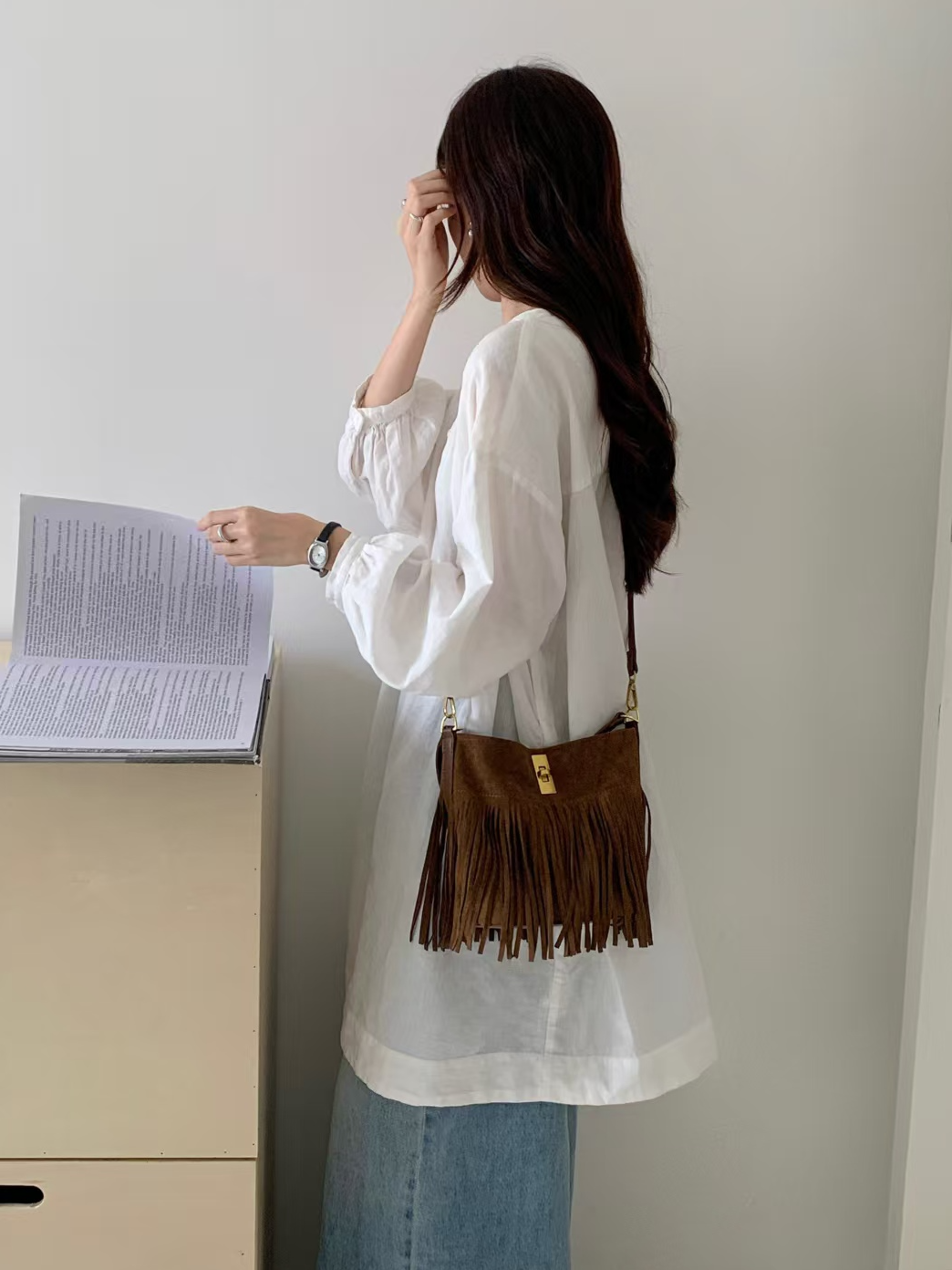 Suede-Like Microfiber Leather Crossbody Bucket Bag
