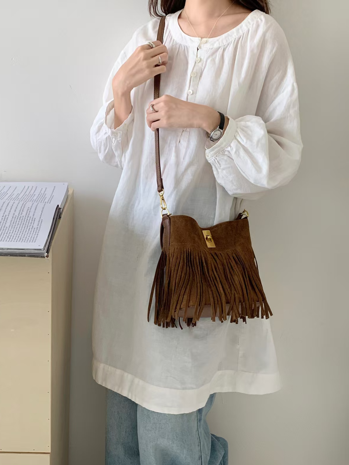 Suede-Like Microfiber Leather Crossbody Bucket Bag