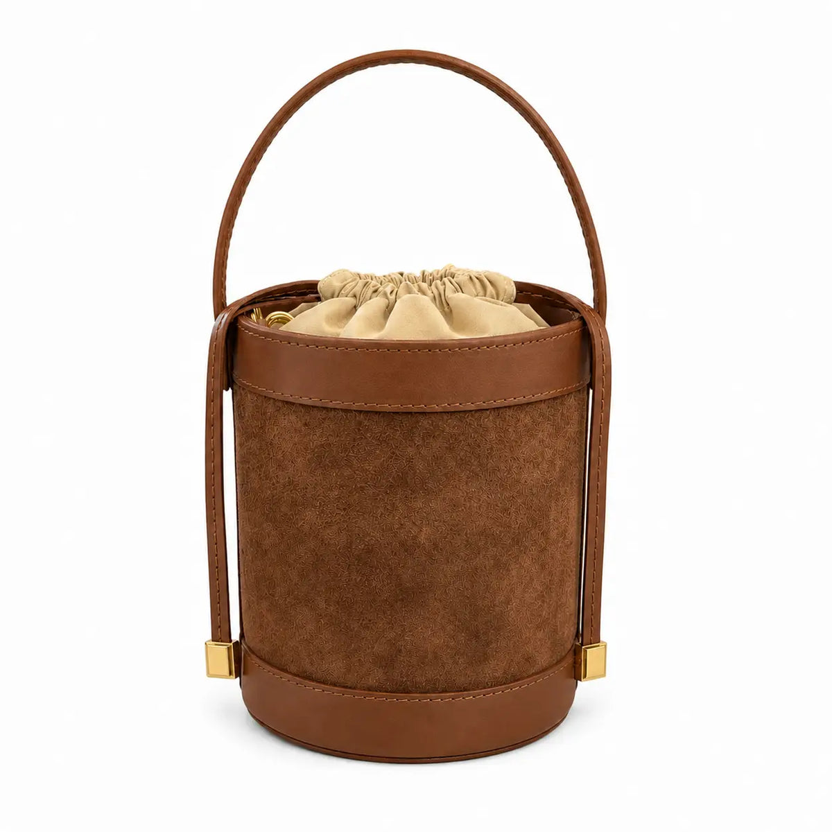 Mini Suede and Leather Bucket Bag- Brown
