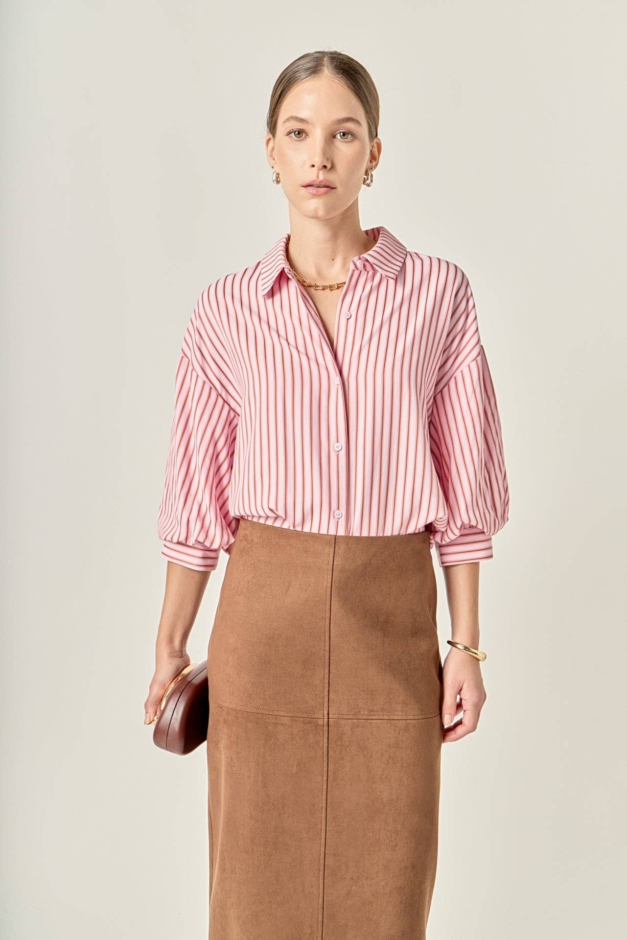 Classic Pinstripe Striped Balloon Sleeve Shirt