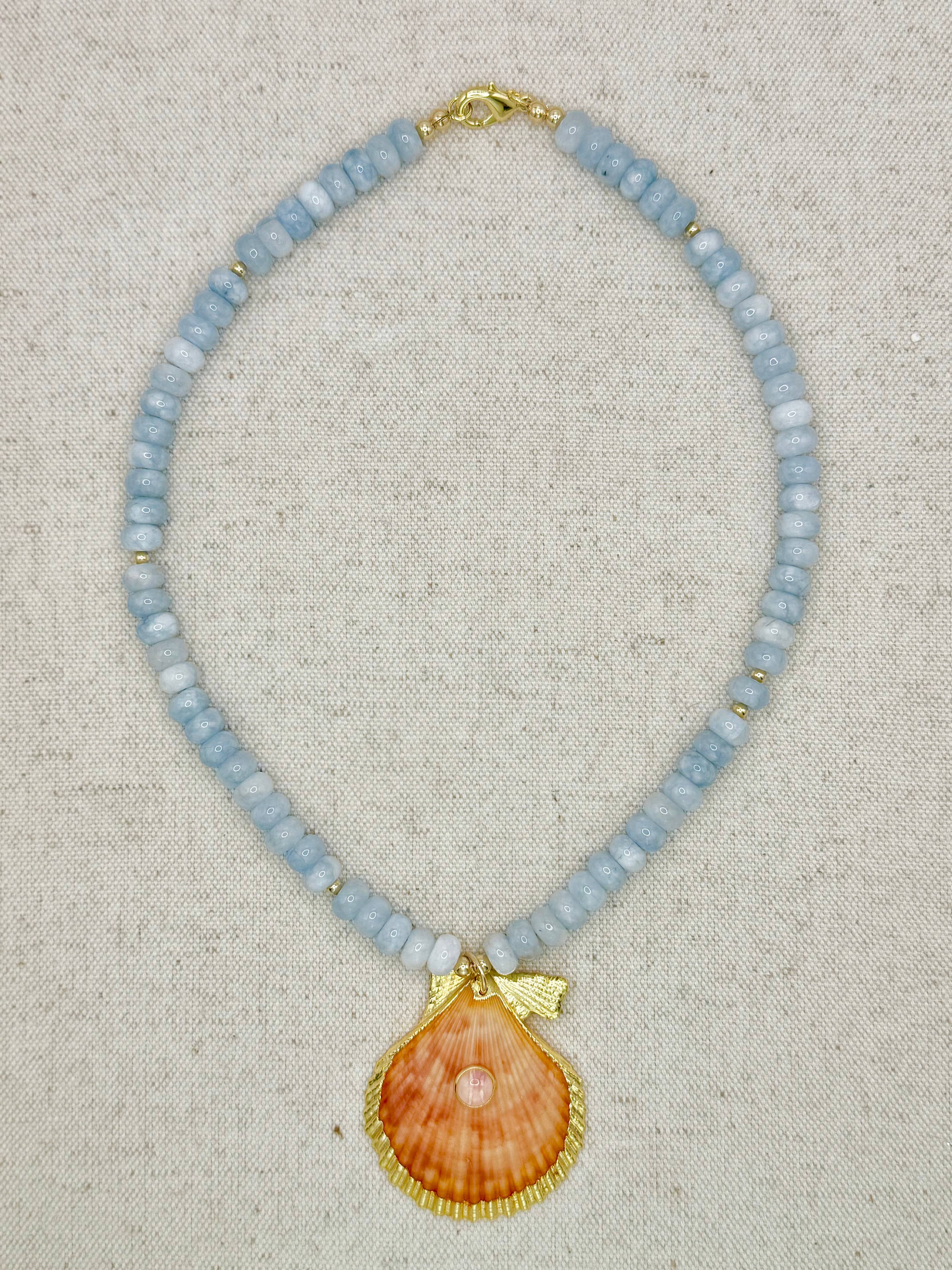 Sky Blue Layering Necklace with Gem Shell Pendent