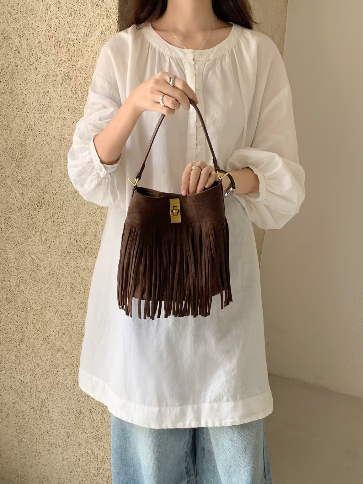 Suede-Like Microfiber Leather Crossbody Bucket Bag