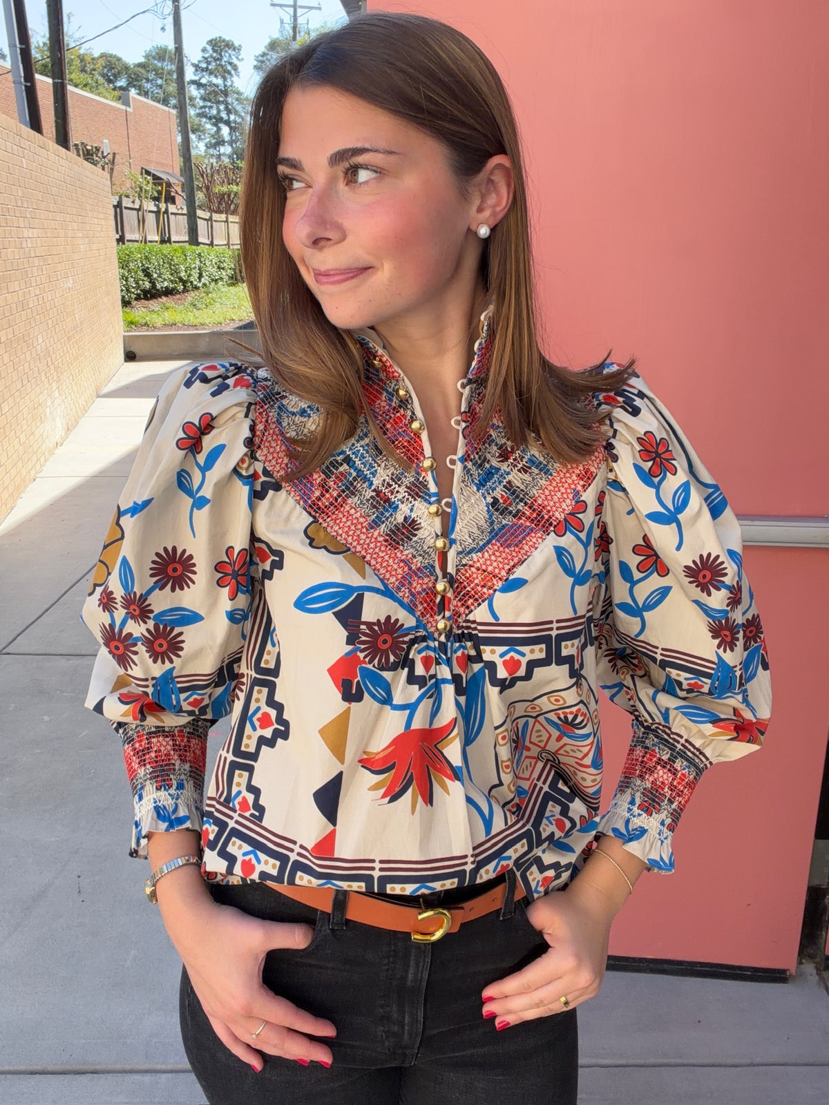 Smocked Shirt Vanilla Floral Scarf