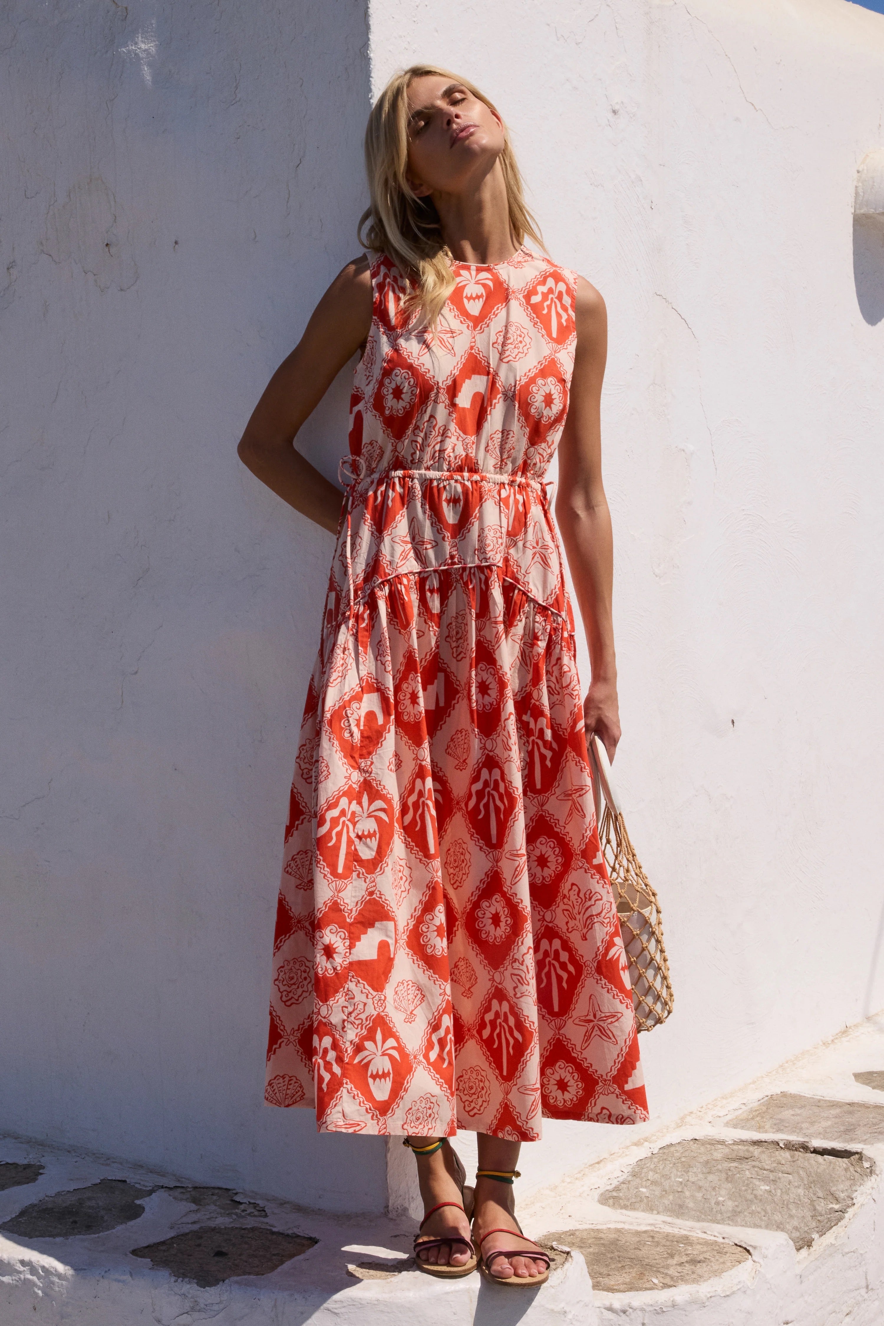 SLEEVELESS PIPED MAXI- ASTERIAS RED
