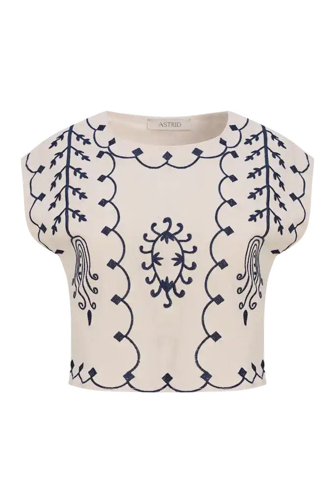 Women's Linen Embroidered Top- Sand