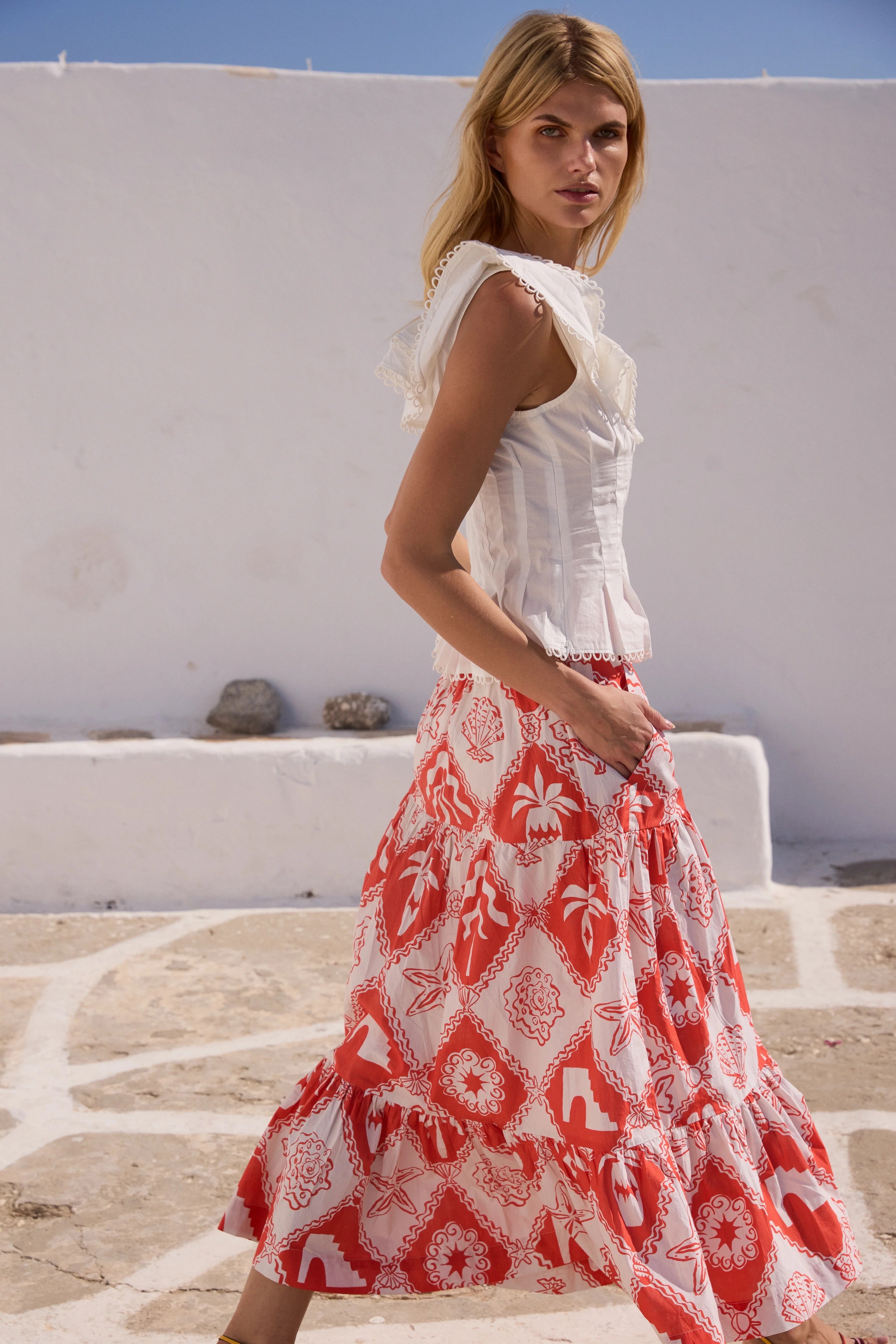 BUTTON FRONT SKIRT- ASTERIAS RED