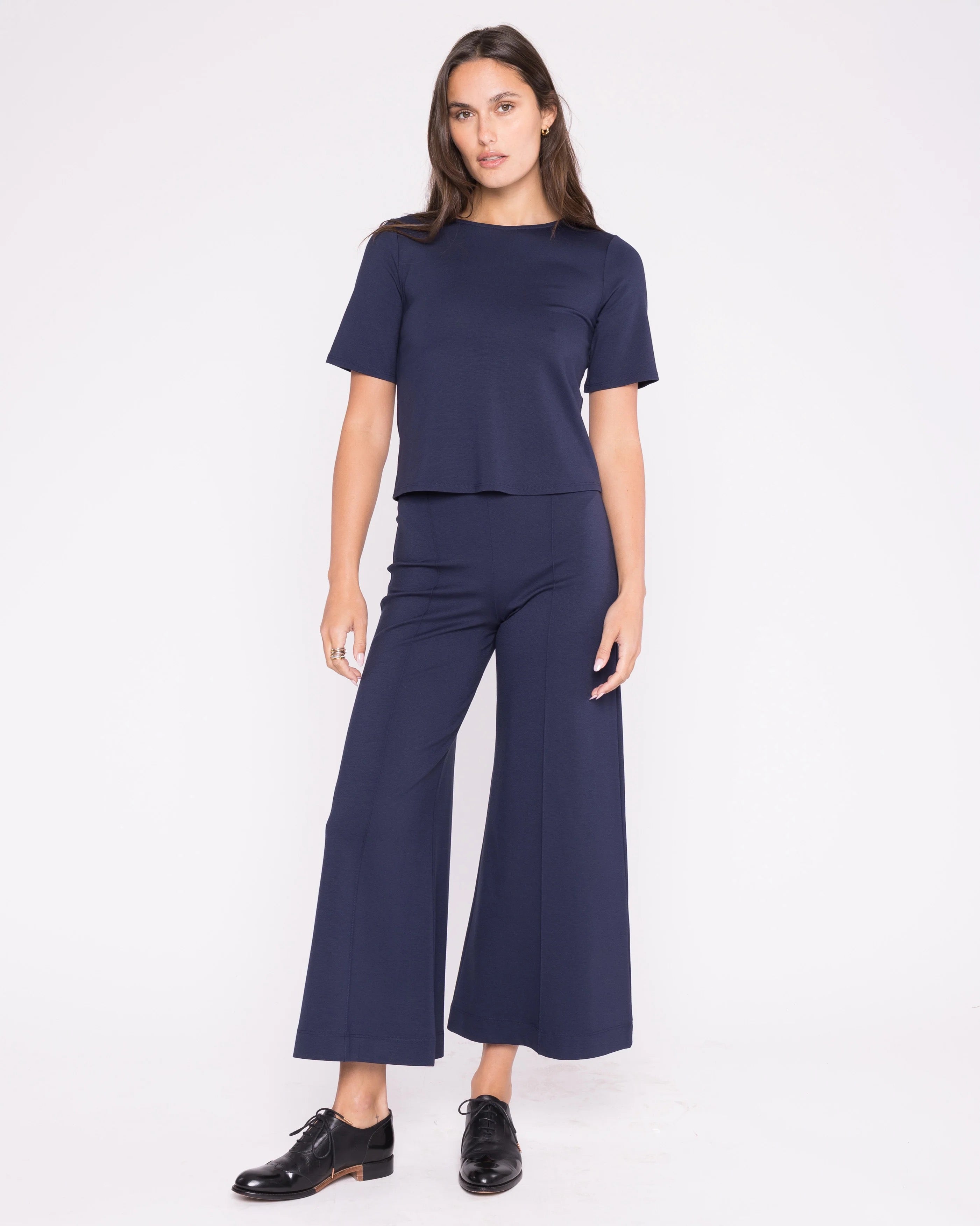 Ponte Knit Wide Leg Pant Cropped - Navy