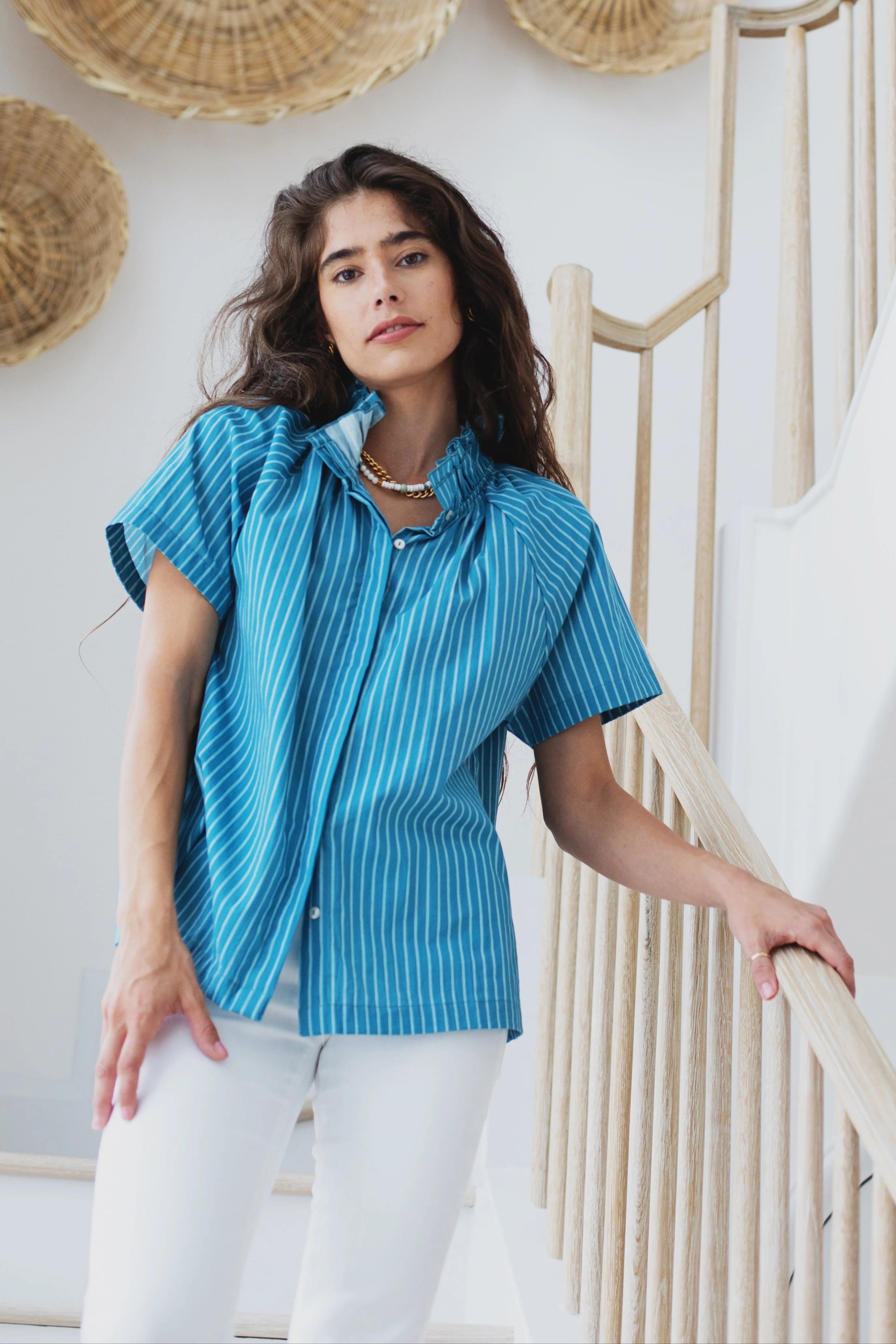 Sarah Striped Blouse in Teal