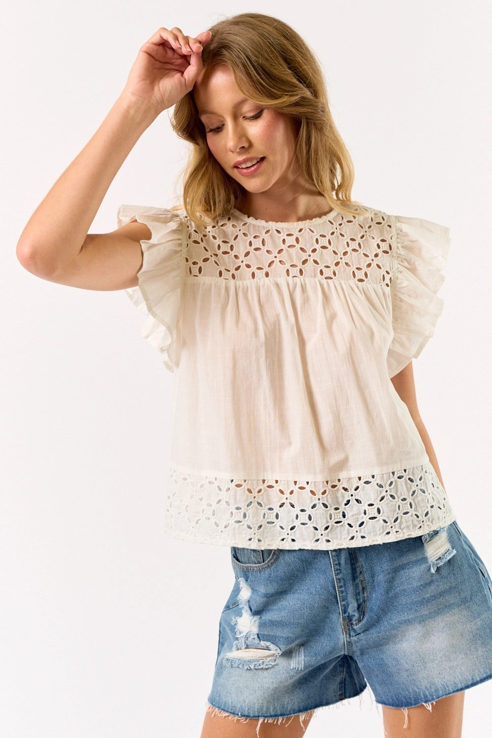 Ruffle Short Sleeve Embroidered Top
