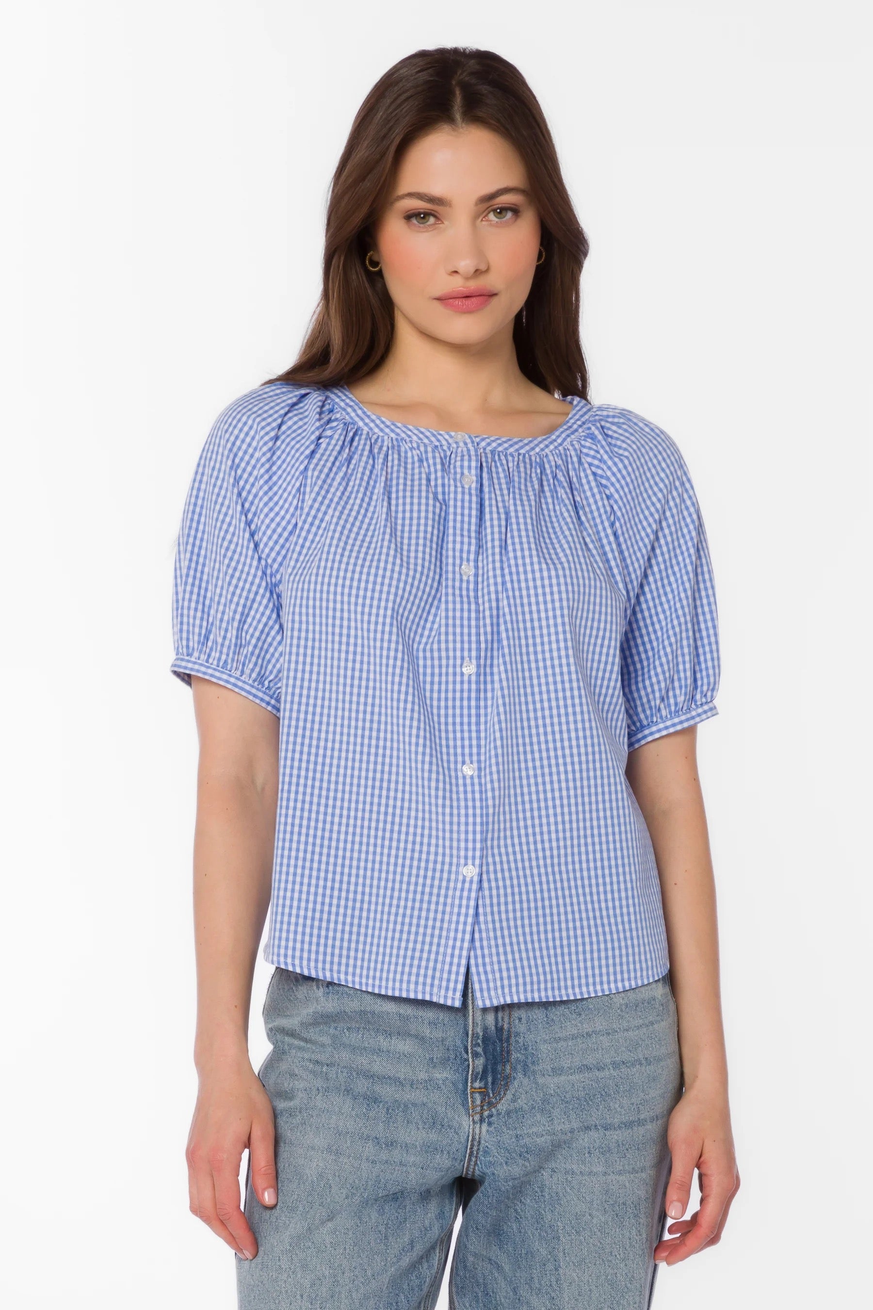 Ottilie Blue Gingham Puff Sleeve Cotton Blouse