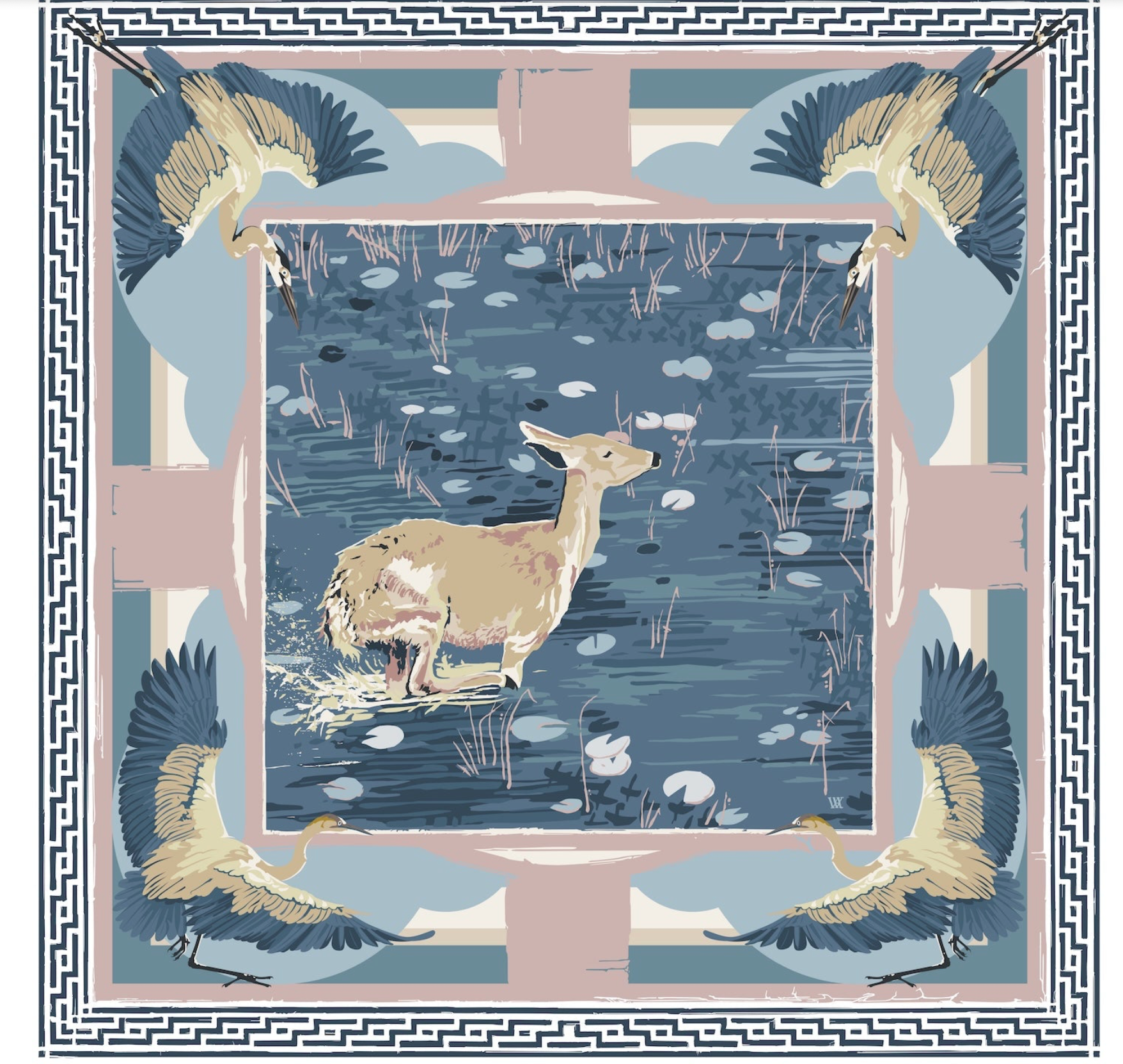 Blue Lily Pad Doe - Double-Sided Silk Scarf