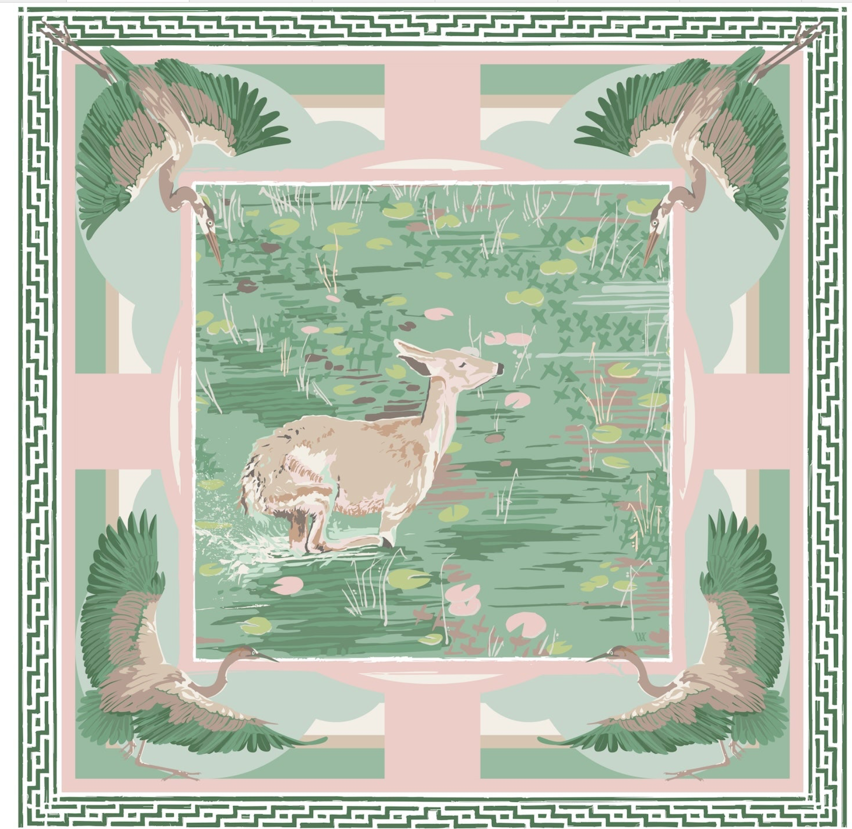 Green Pink Lily Pad Doe - Double-Sided Silk Scarf