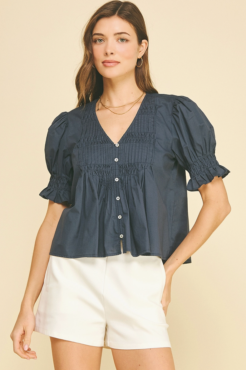Tucked Detail Button Down Blouse Top