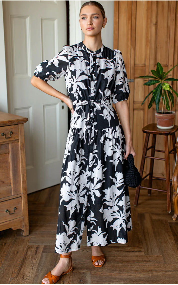 LUCY 4 BASQUE DRESS - BLACK + IVORY ORCHID