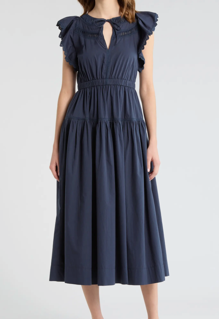 Navy Short Ruffle Sleeve Midi Dress