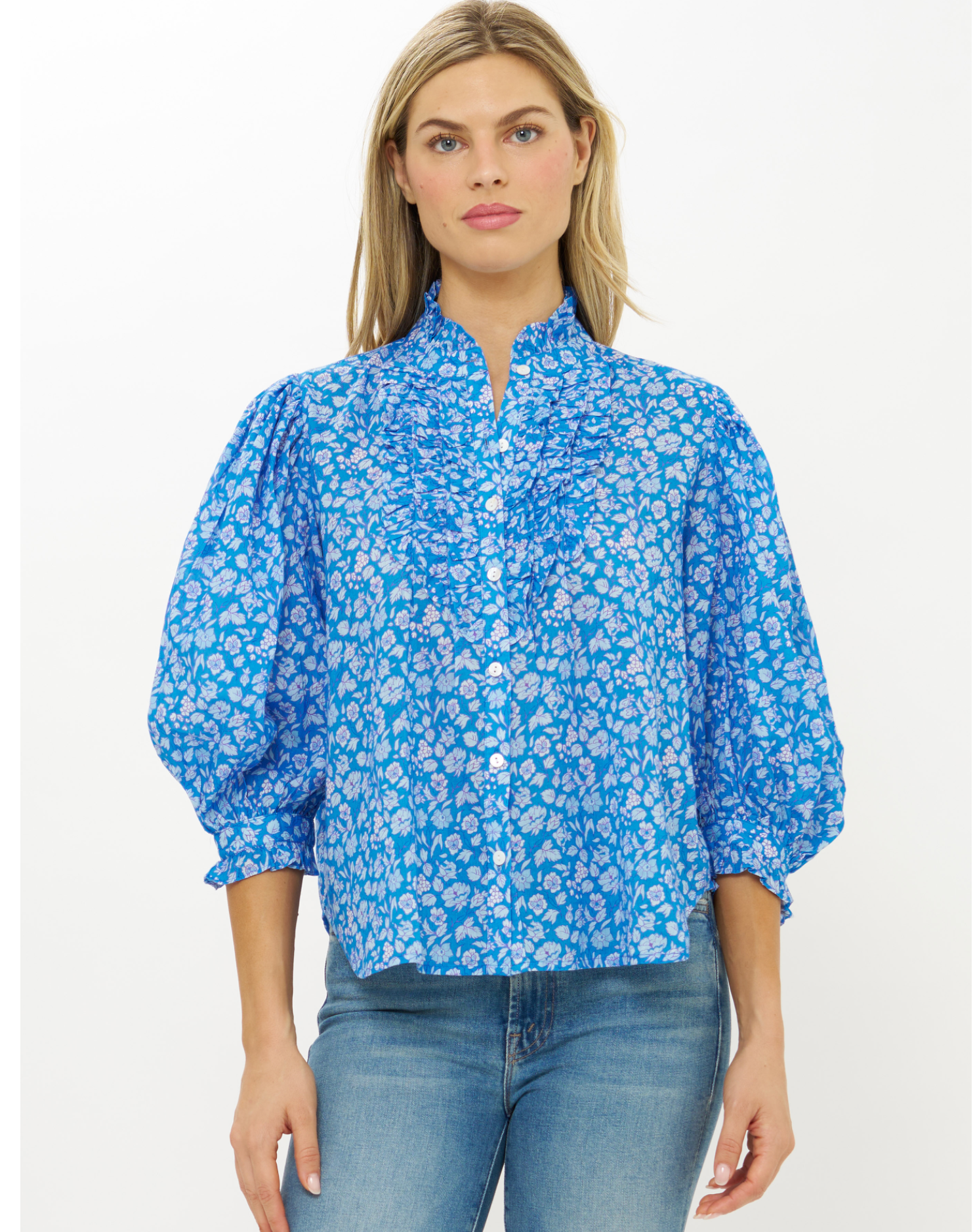 Ruffle Front Blouse- Ditsy Blue