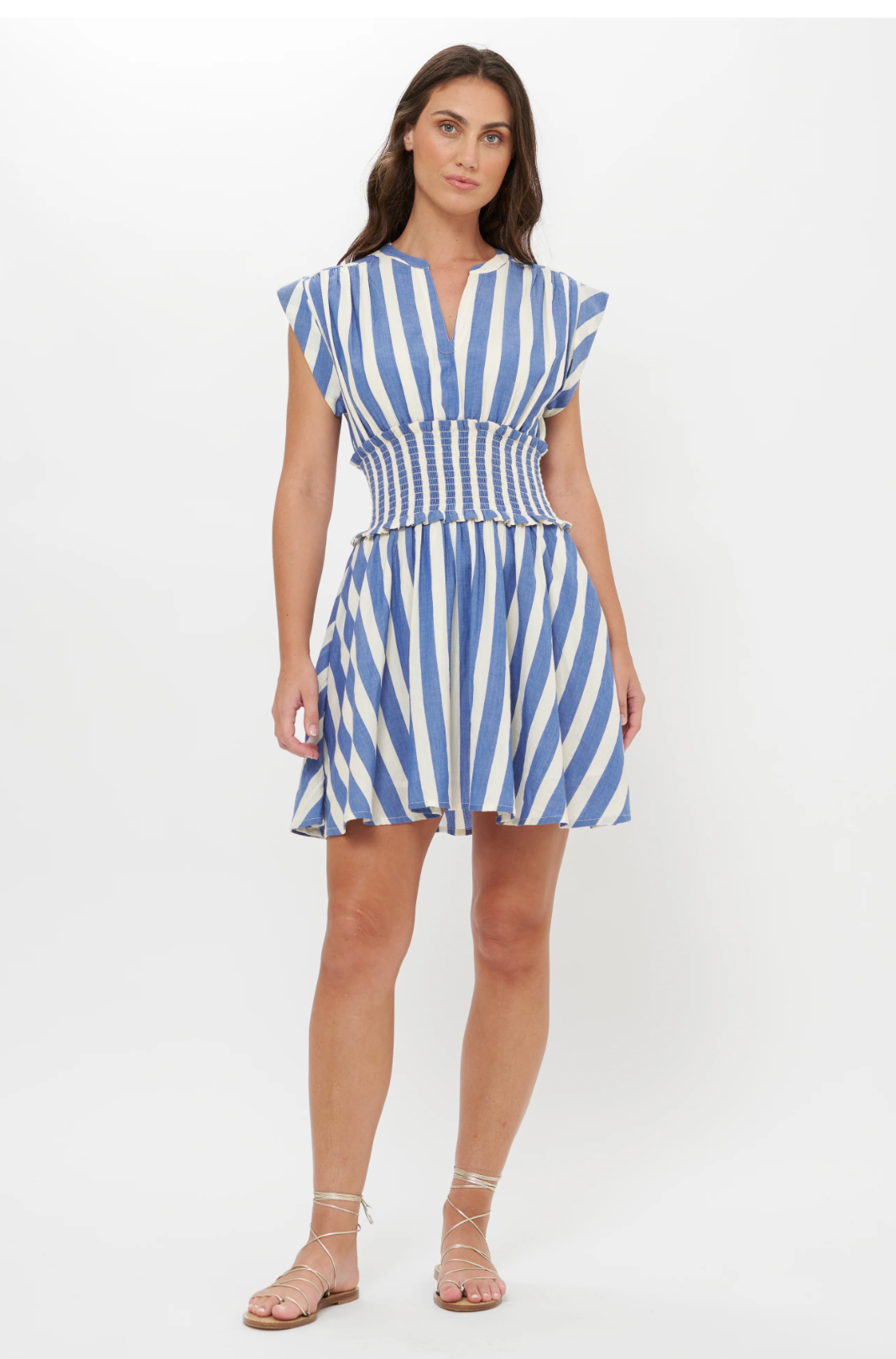 Smocked Waist Roll Sleeve - Solana Blue
