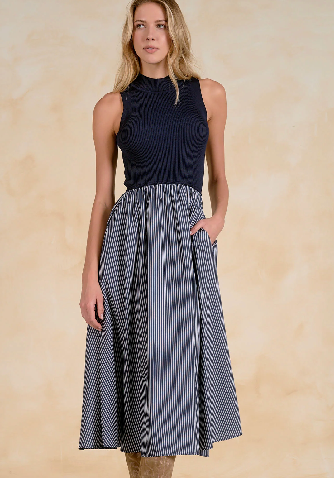 Knit Mock neck Maxi Dress- Blue Stripes