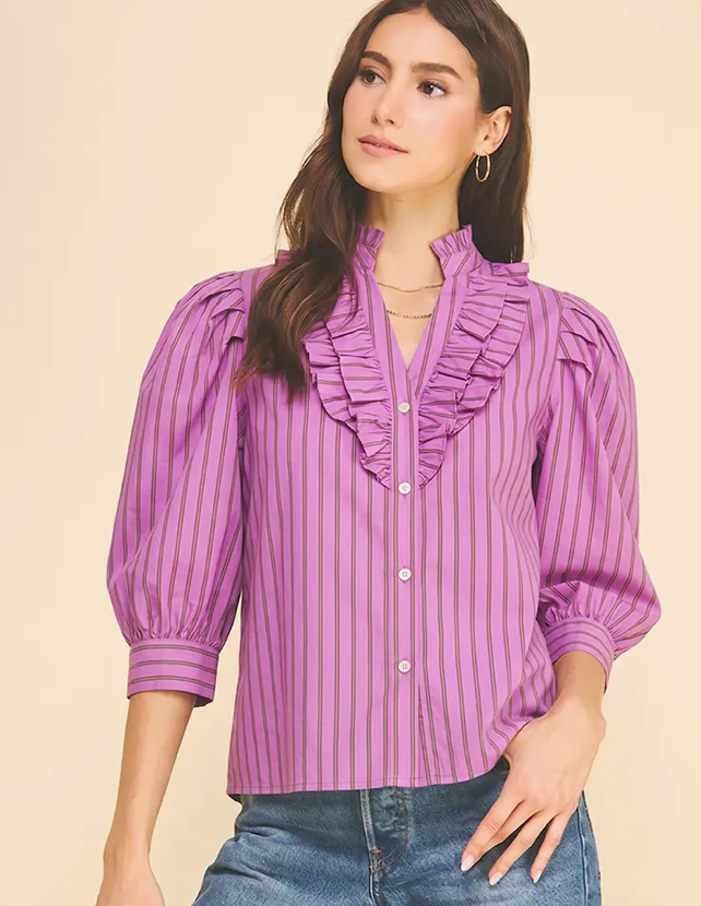 Striped Ruffle Puff Sleeve Blouse