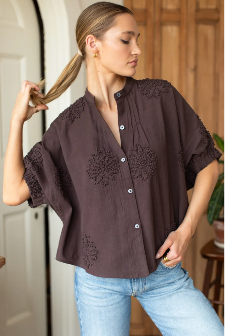 Mandarine Collar Top- French Knot Floral Vintage Chestnut