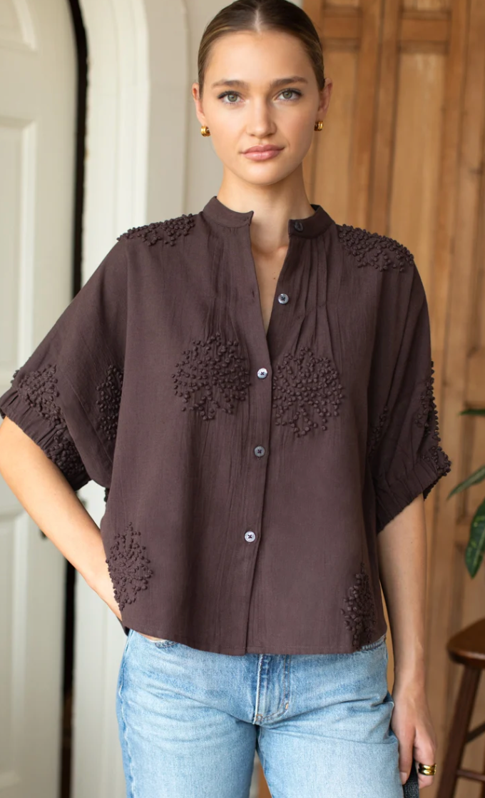 Mandarine Collar Top- French Knot Floral Vintage Chestnut