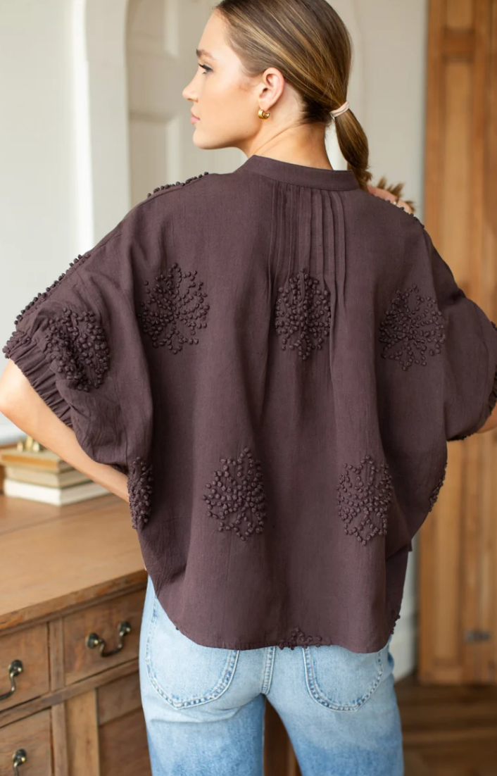 Mandarine Collar Top- French Knot Floral Vintage Chestnut
