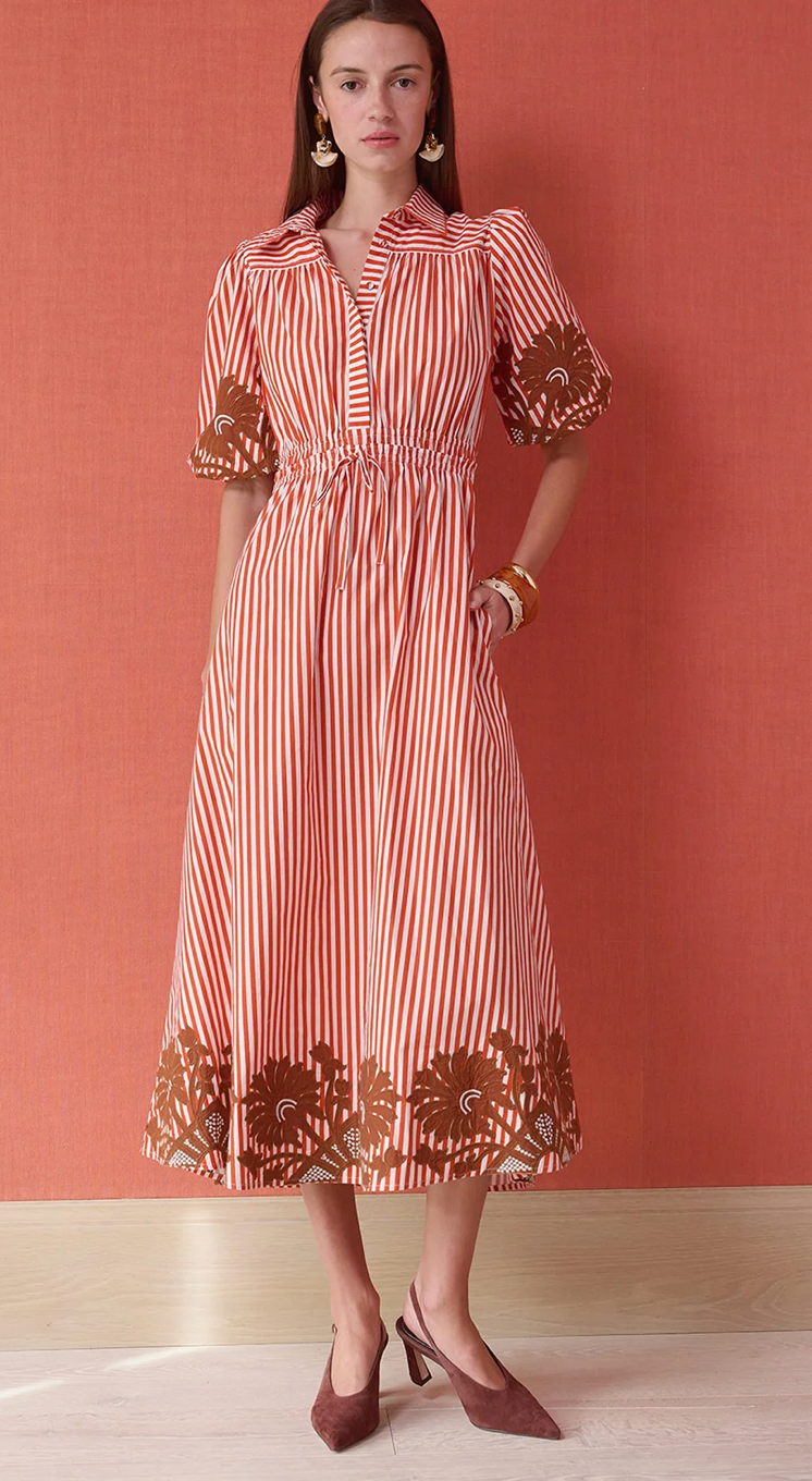 Banyan Puff Sleeve Midi Dress- Terracotta Stripe