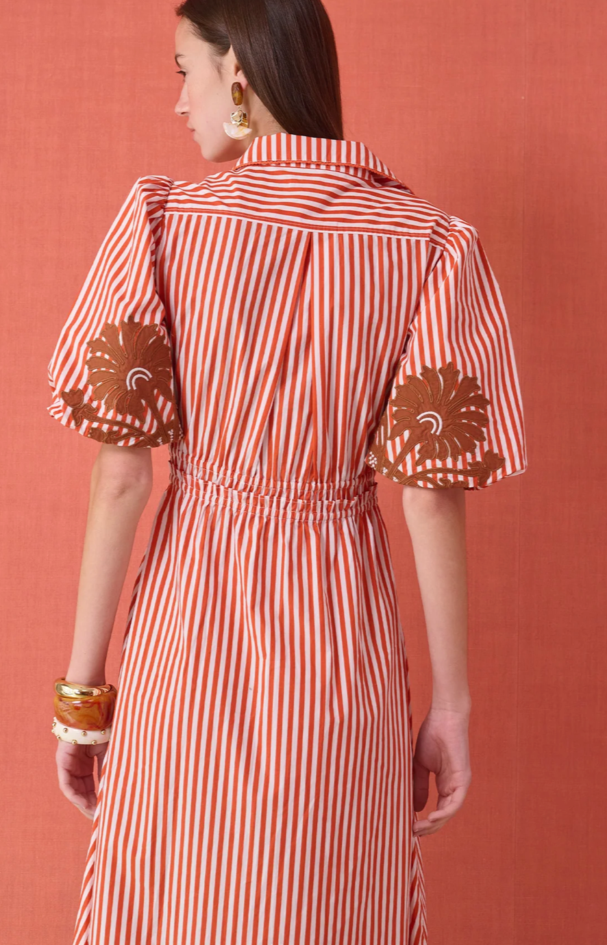 Banyan Puff Sleeve Midi Dress- Terracotta Stripe