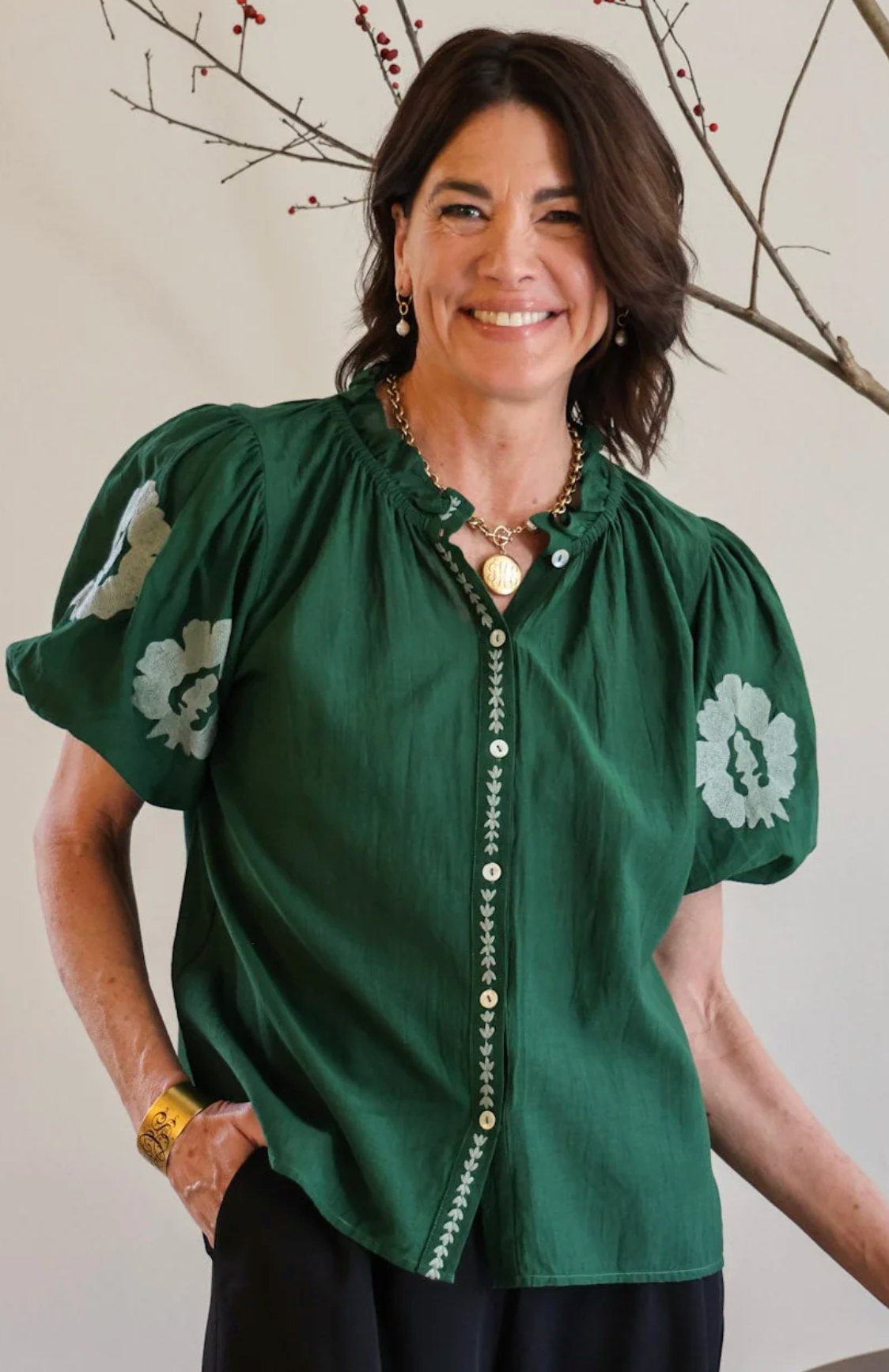 Daisy Embroidered Blouse in Hunter Green
