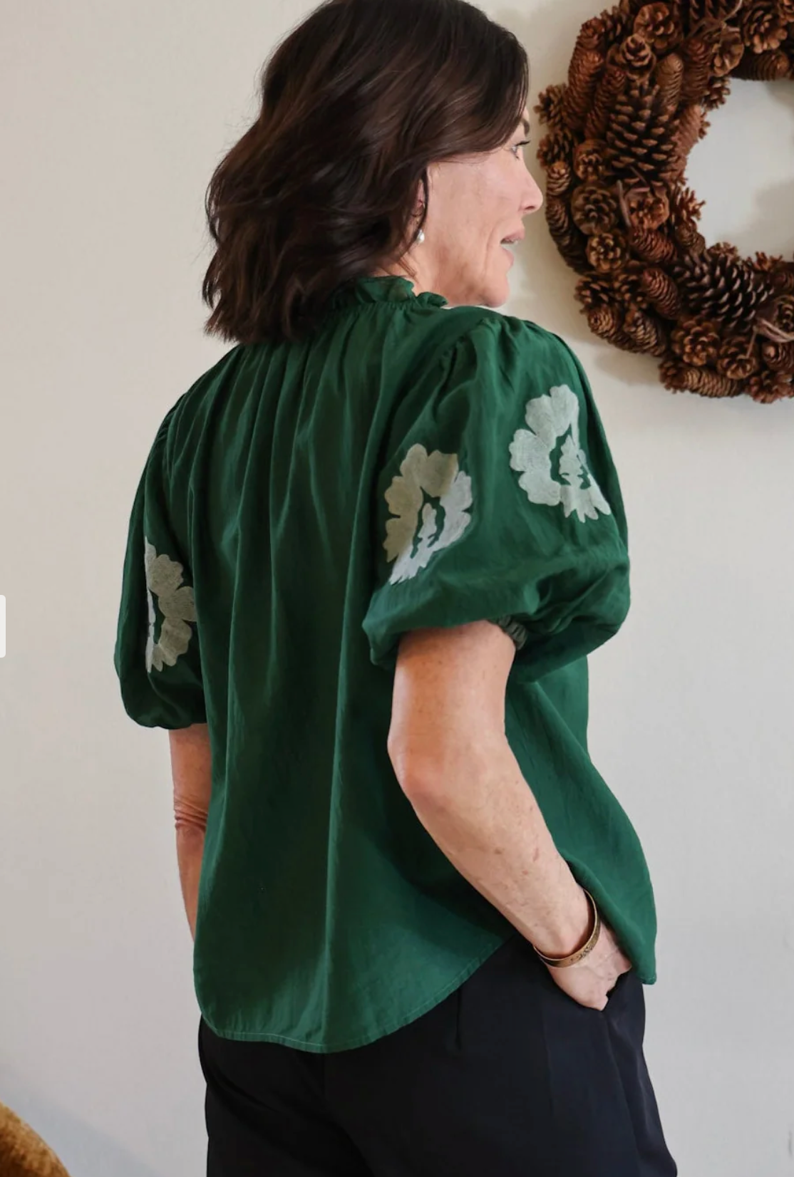 Daisy Embroidered Blouse in Hunter Green