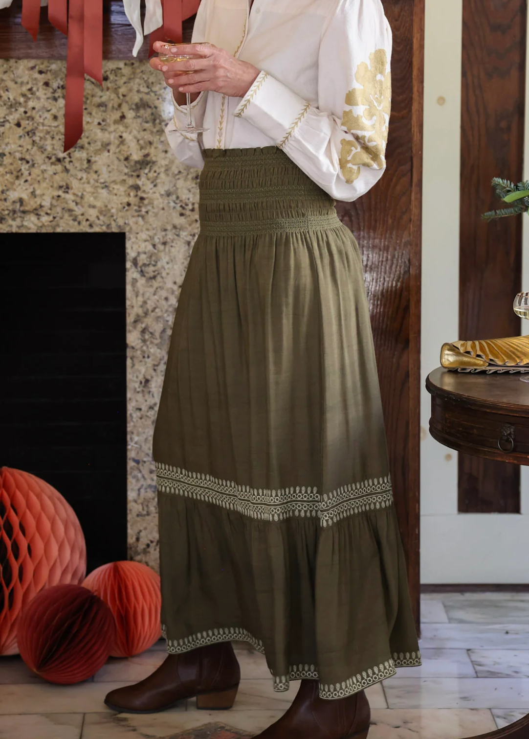 Suzie Embroidered Maxi Skirt in Deep Olive