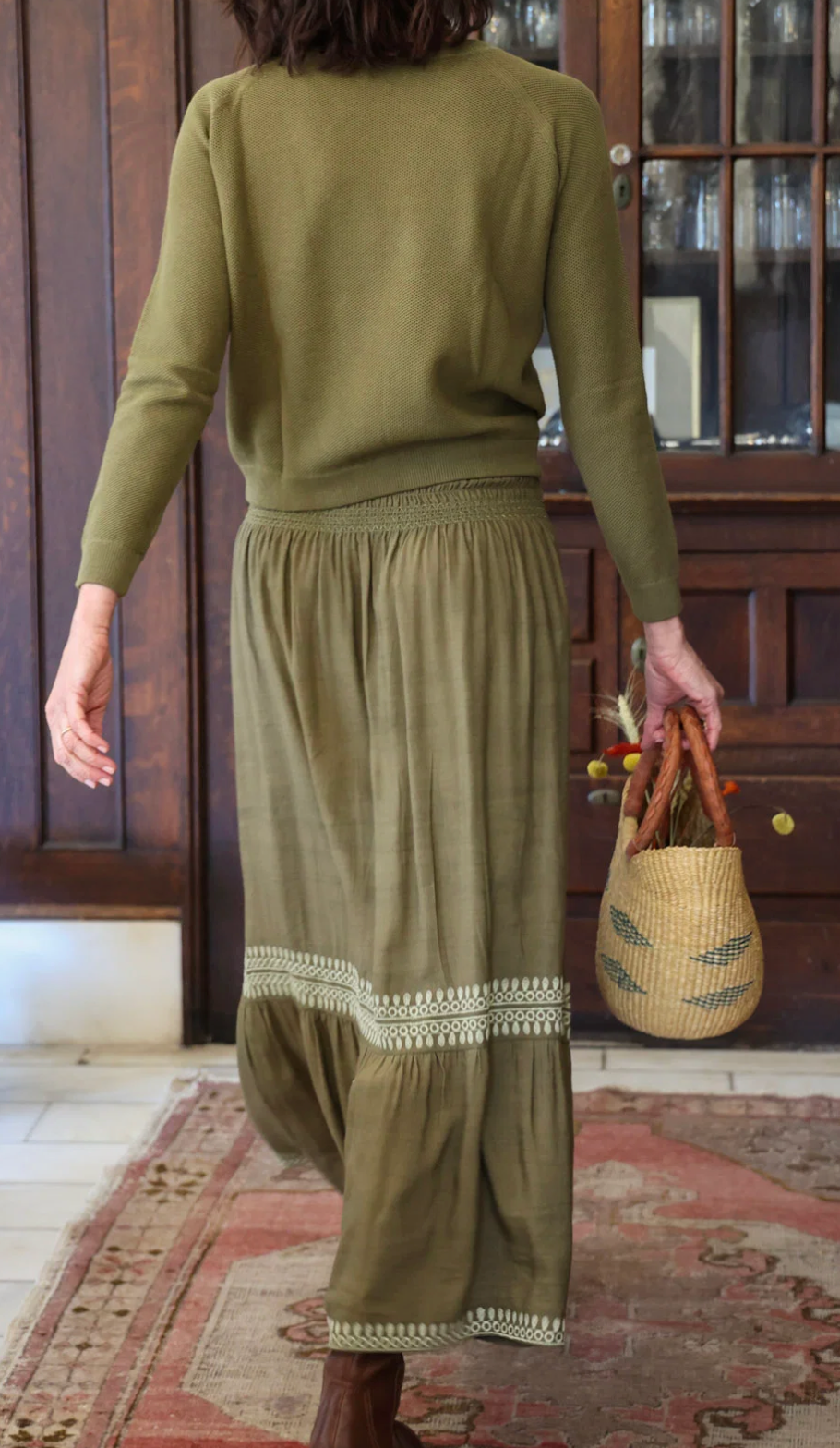 Suzie Embroidered Maxi Skirt in Deep Olive