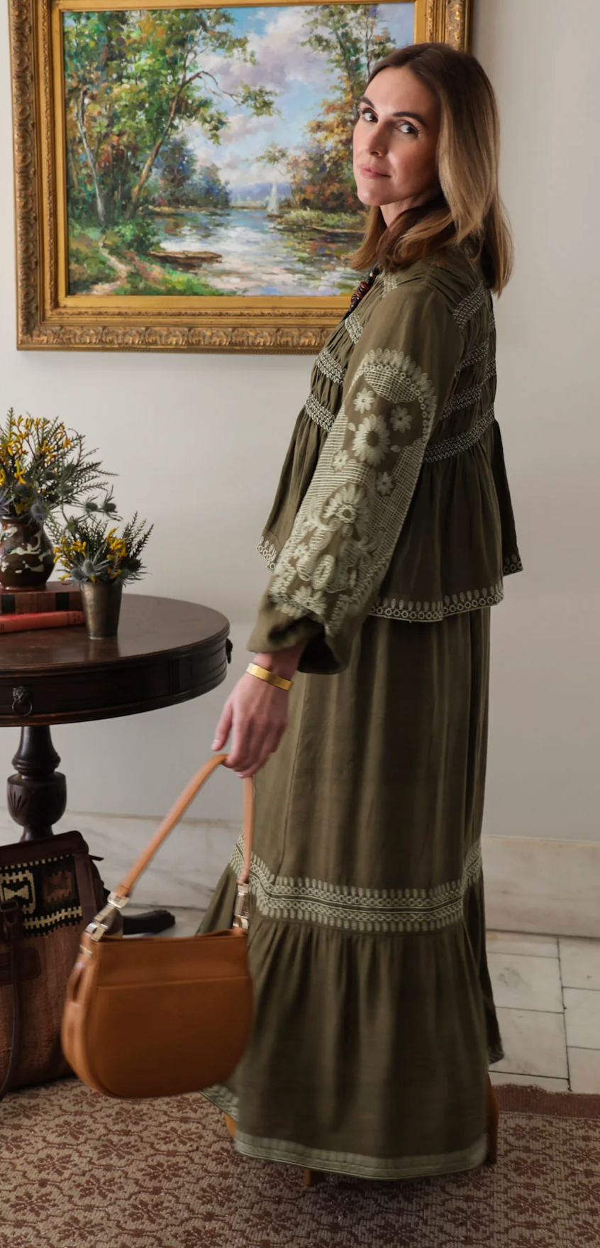 Suzie Embroidered Maxi Skirt in Deep Olive
