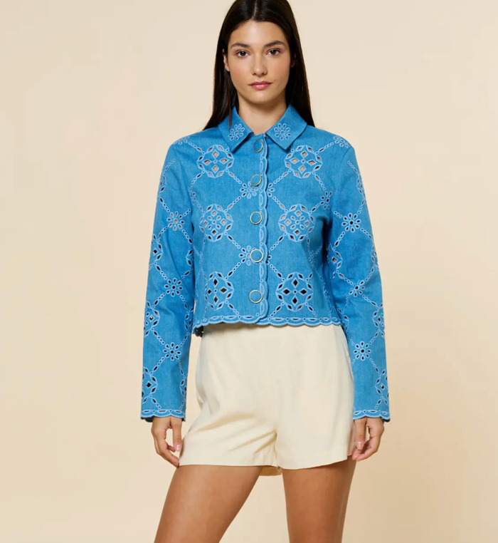 Embroidered Scalloped Trim Button Up Jacket