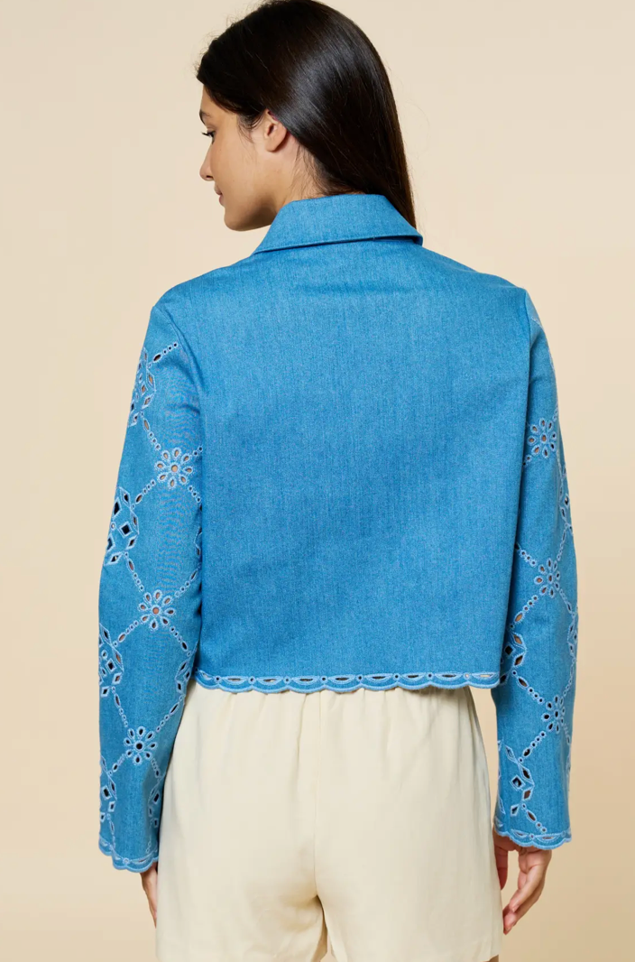 Embroidered Scalloped Trim Button Up Jacket