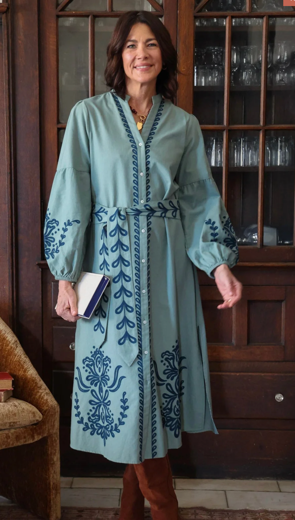 Audrey Ankle Dress in Agave with Teal Embroidery