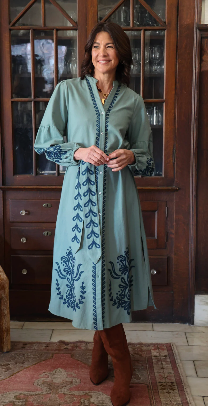 Audrey Ankle Dress in Agave with Teal Embroidery