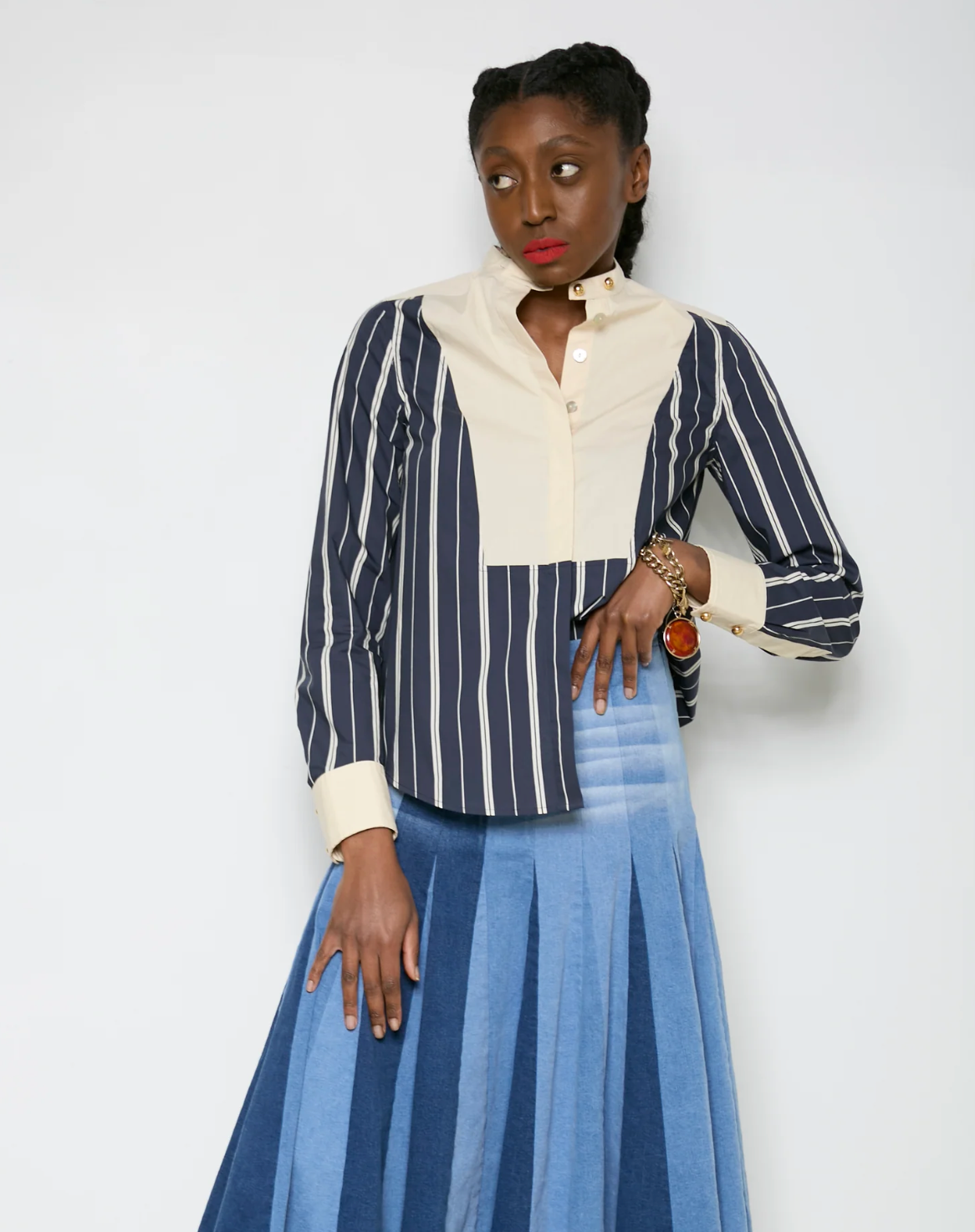 Contrast Bib Shirt- Indigo Stripes