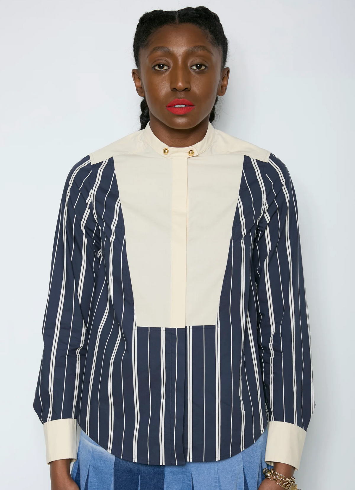 Contrast Bib Shirt- Indigo Stripes