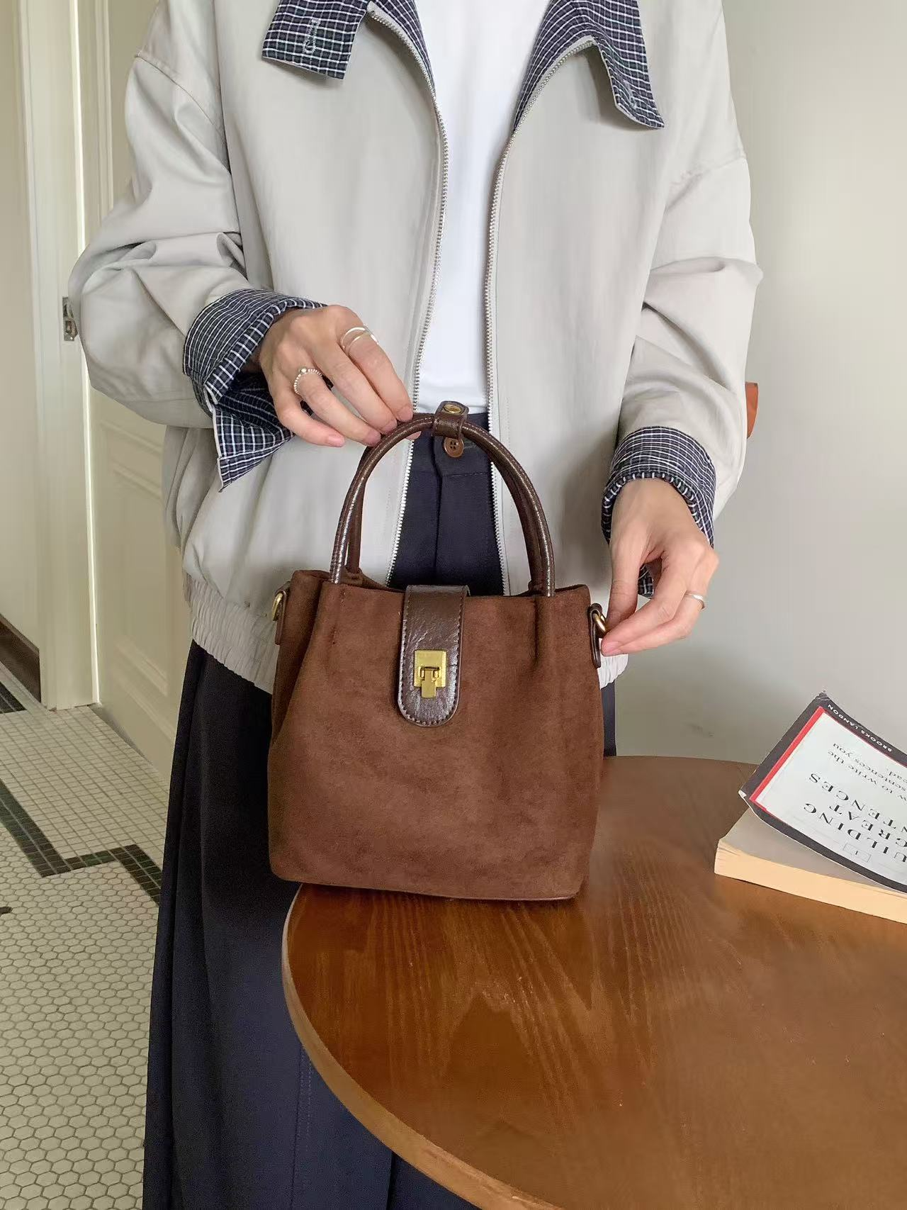 SuedeLike Microfiber Leather Top Handle Crossbody Bag