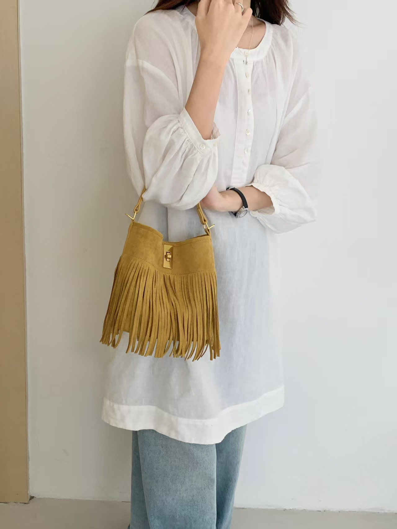 Suede-Like Microfiber Leather Crossbody Bucket Bag