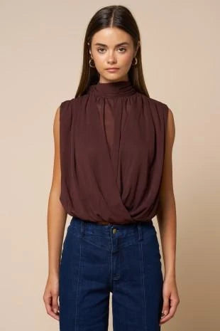 Draped Chiffon Sleeveless Top- Dark Chocolate