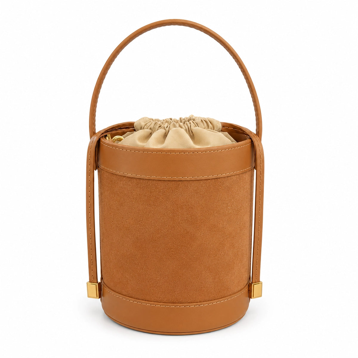 Suede and Leather Bucket Bag - Camel