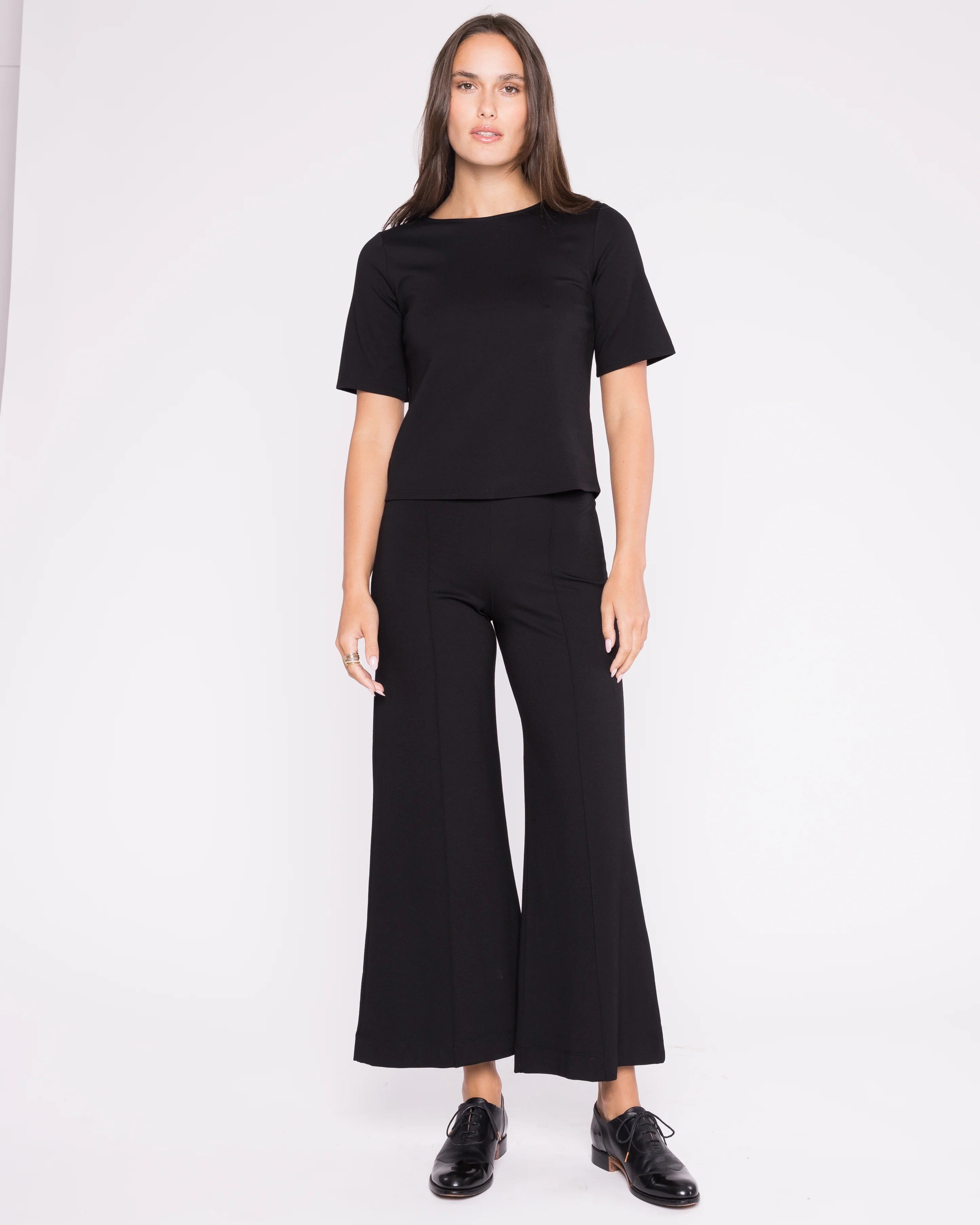 Black Ponte Knit Wide Leg Pant Cropped - Black