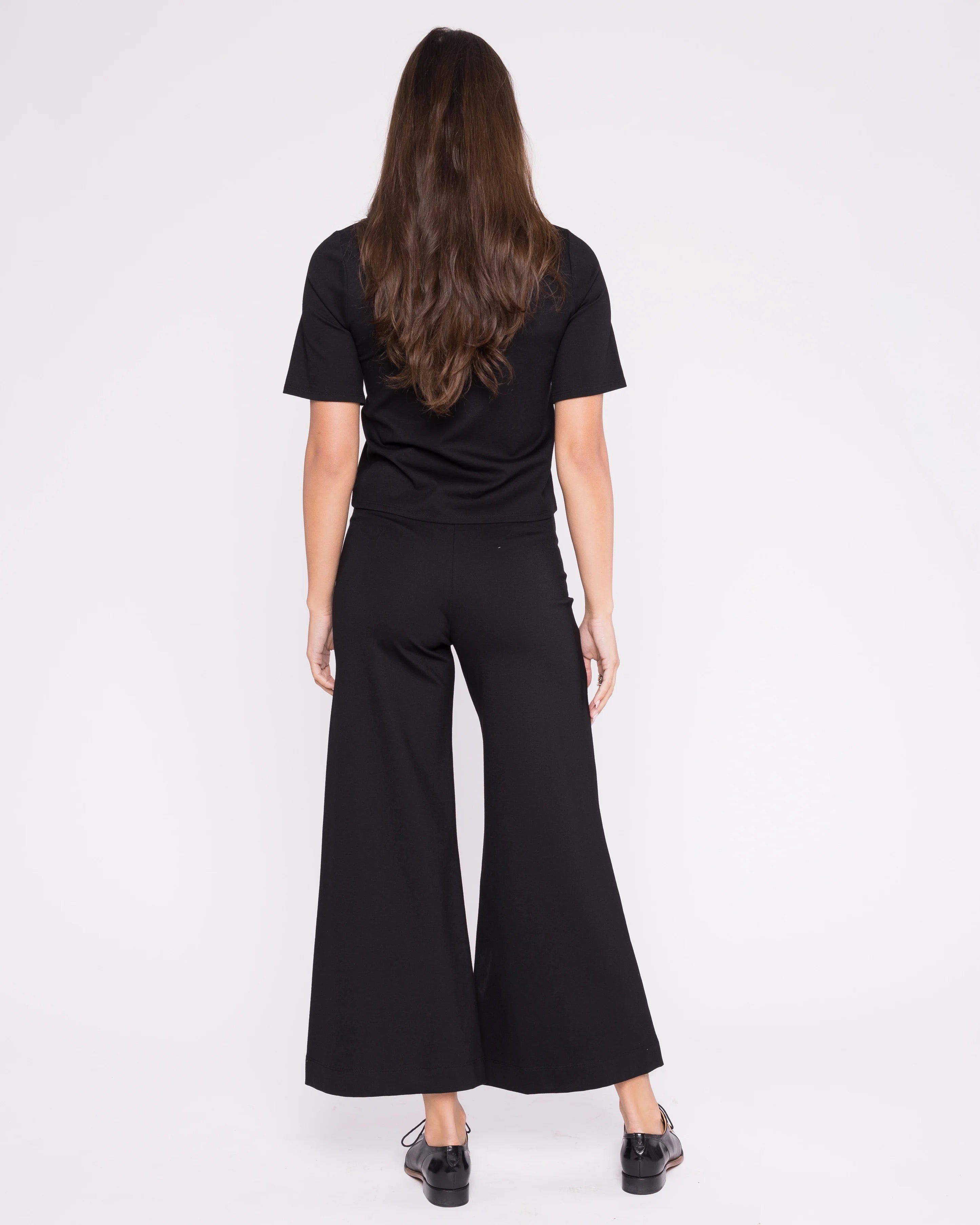 Black Ponte Knit Wide Leg Pant Cropped - Black