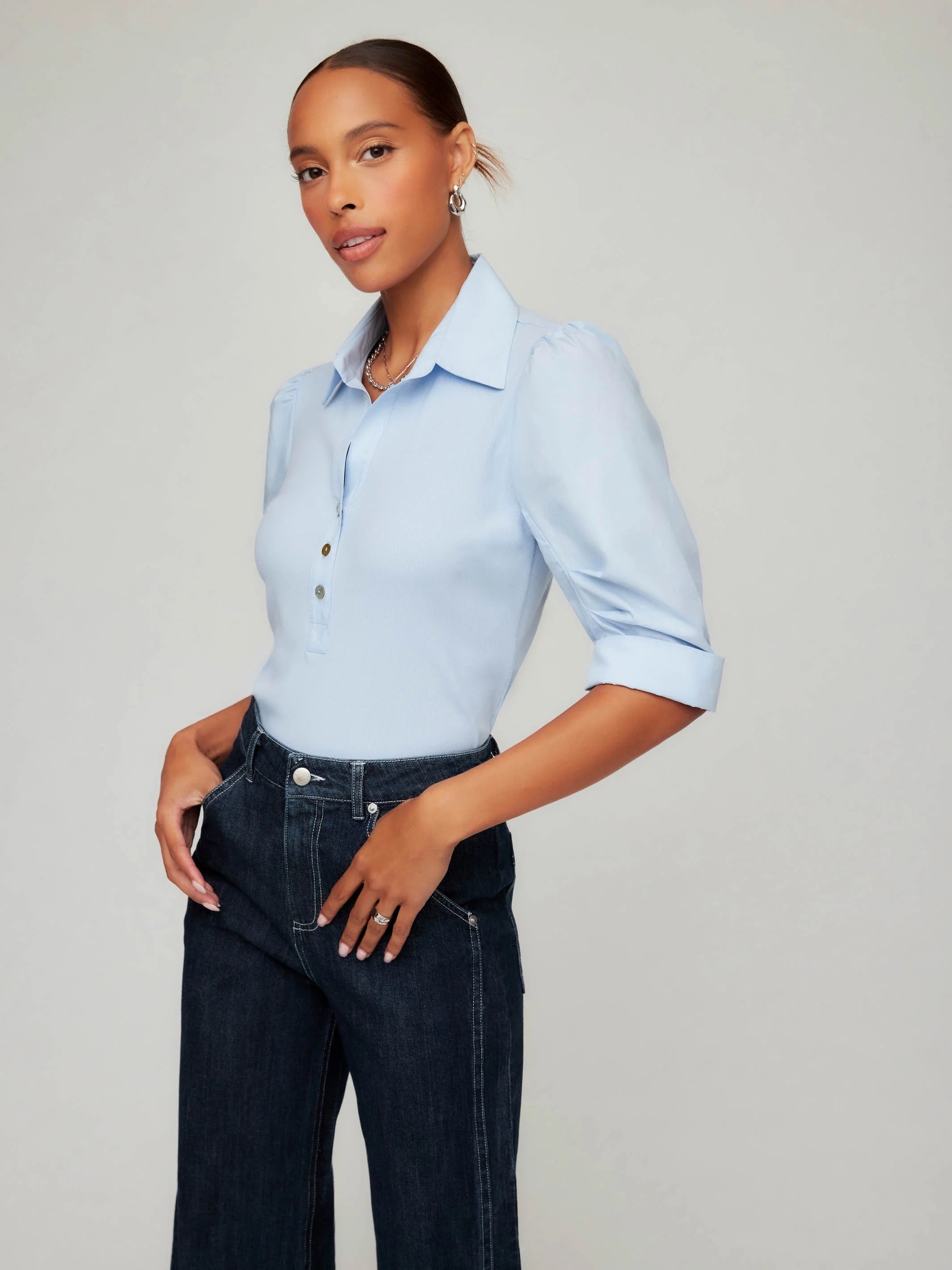 CAMDEN CONTRAST PLEAT SLEEVE HENLEY TOP