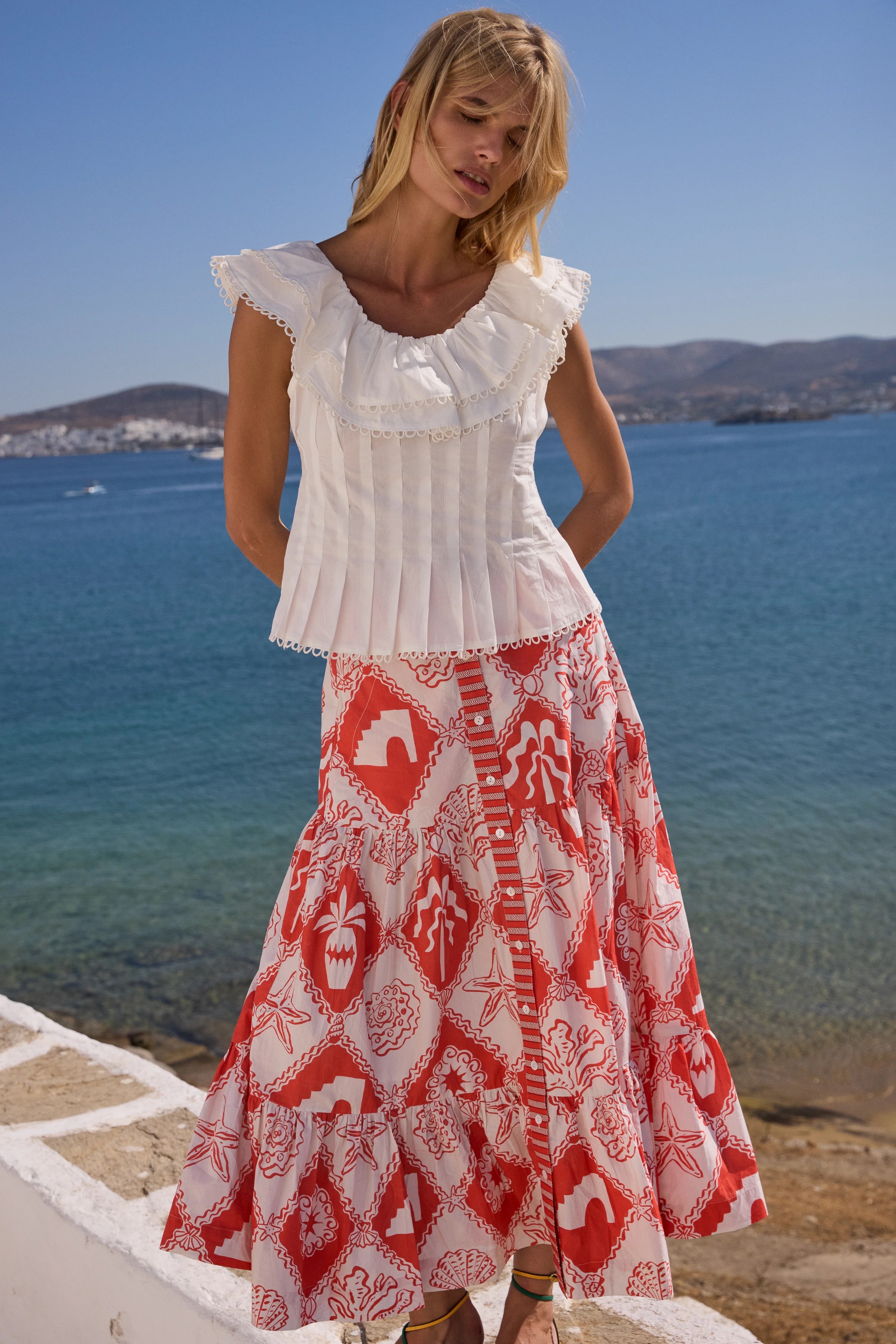 BUTTON FRONT SKIRT- ASTERIAS RED