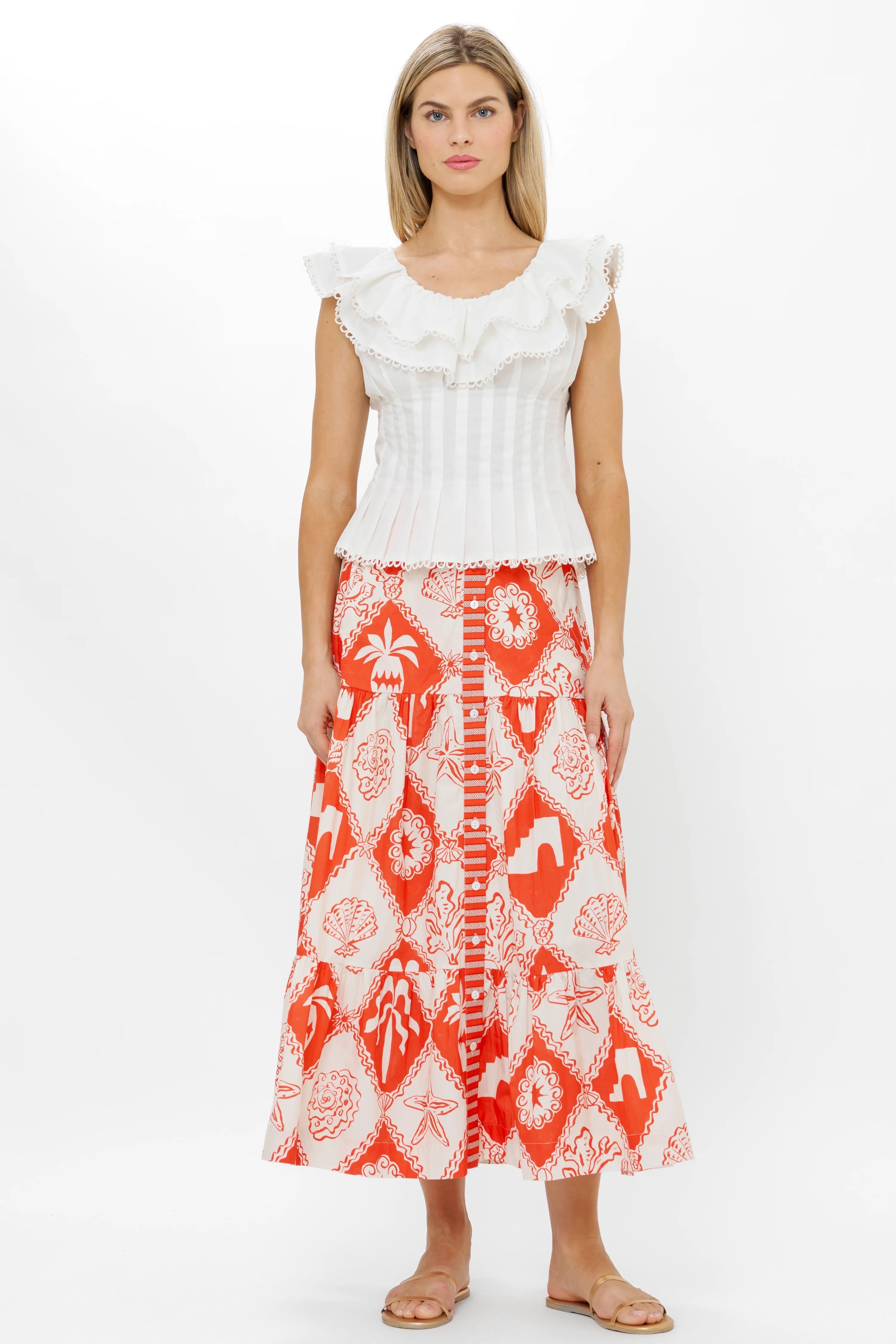 BUTTON FRONT SKIRT- ASTERIAS RED