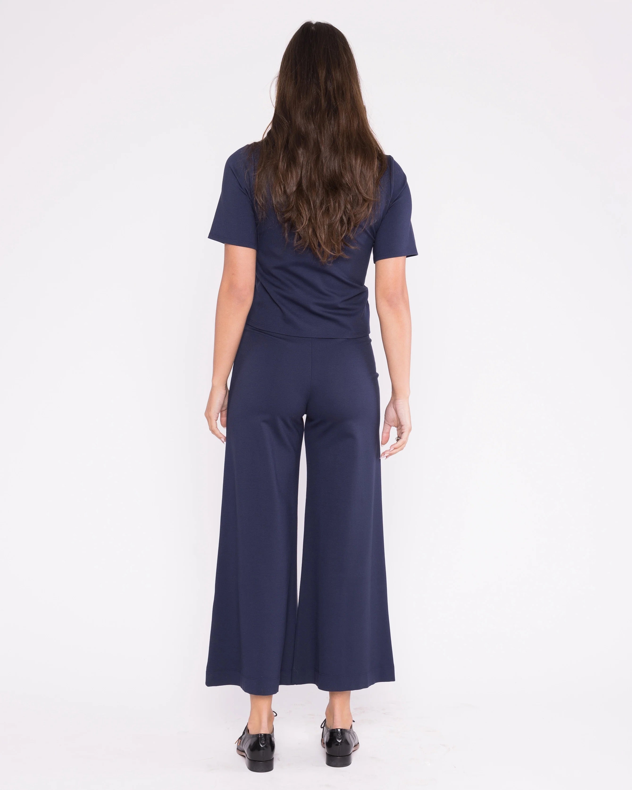 Ponte Knit Wide Leg Pant Cropped - Navy